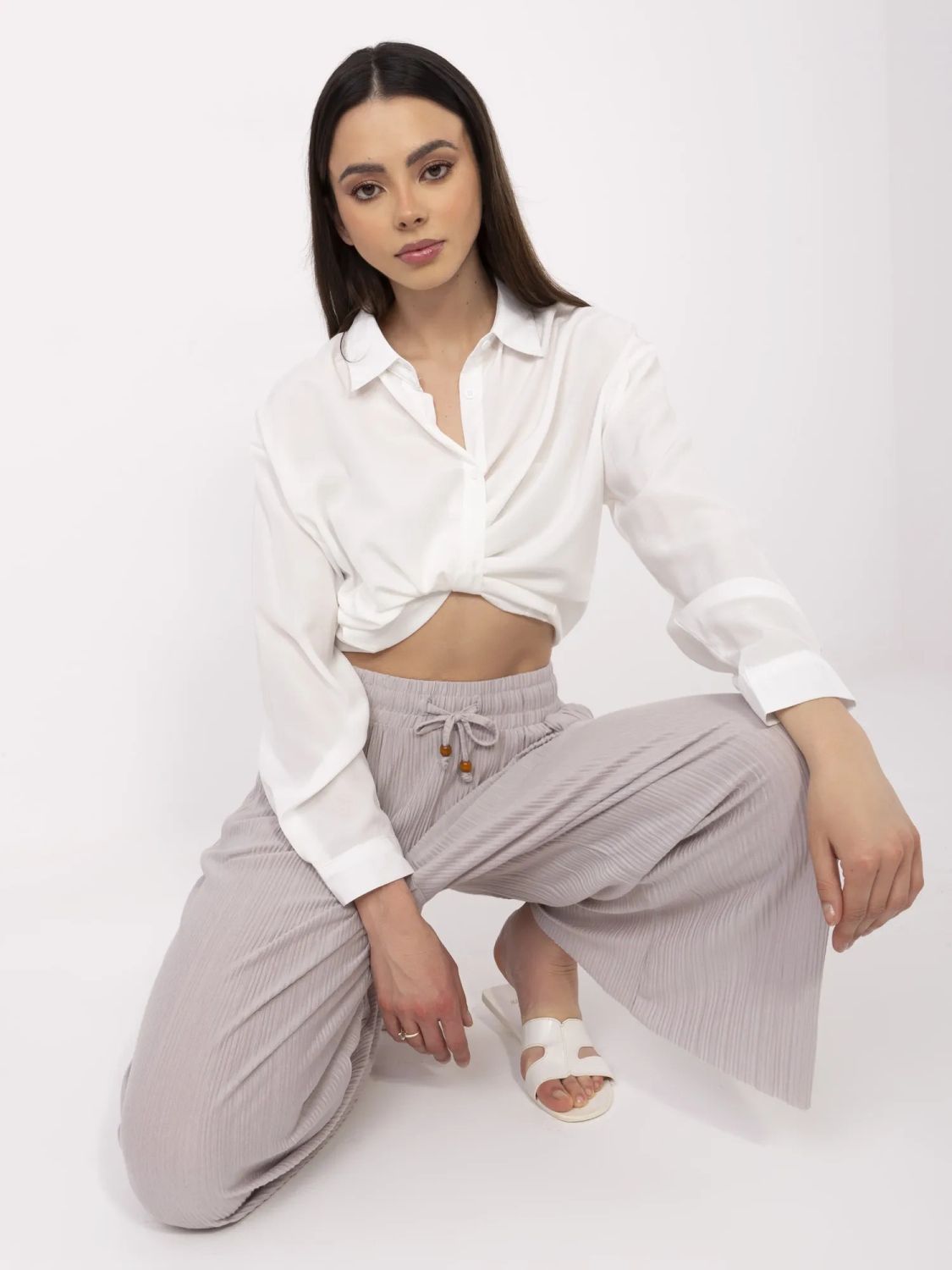 Beige Wide Leg Trousers