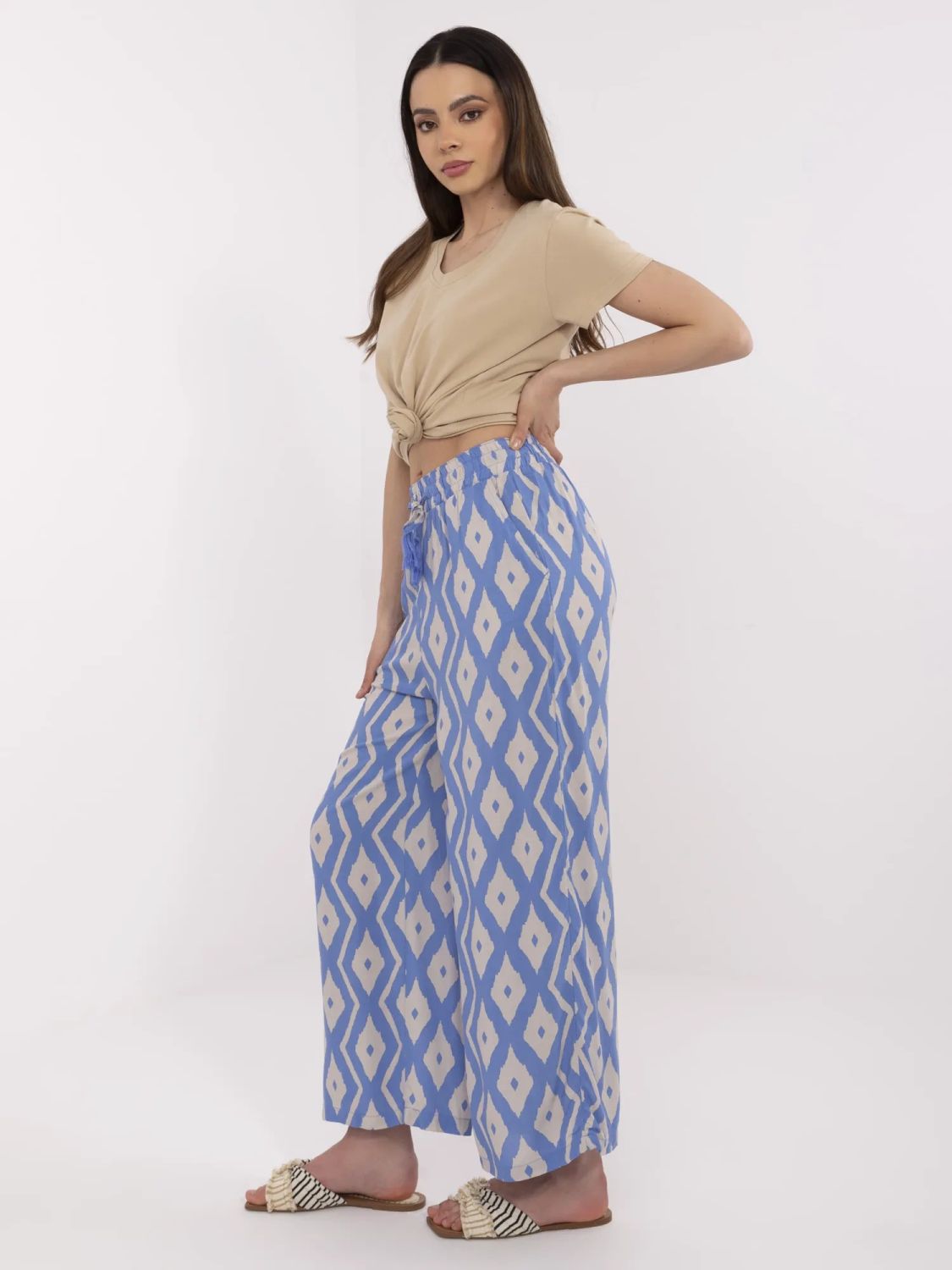 Blue Wide Leg Pants with Geometric Pattern