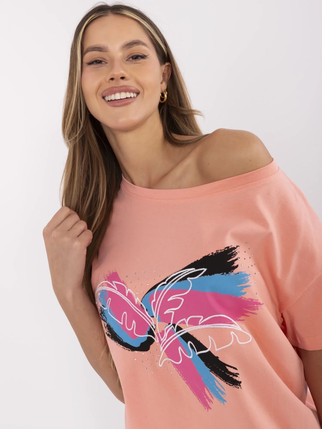 Coral T-shirt with Application and Embroidery