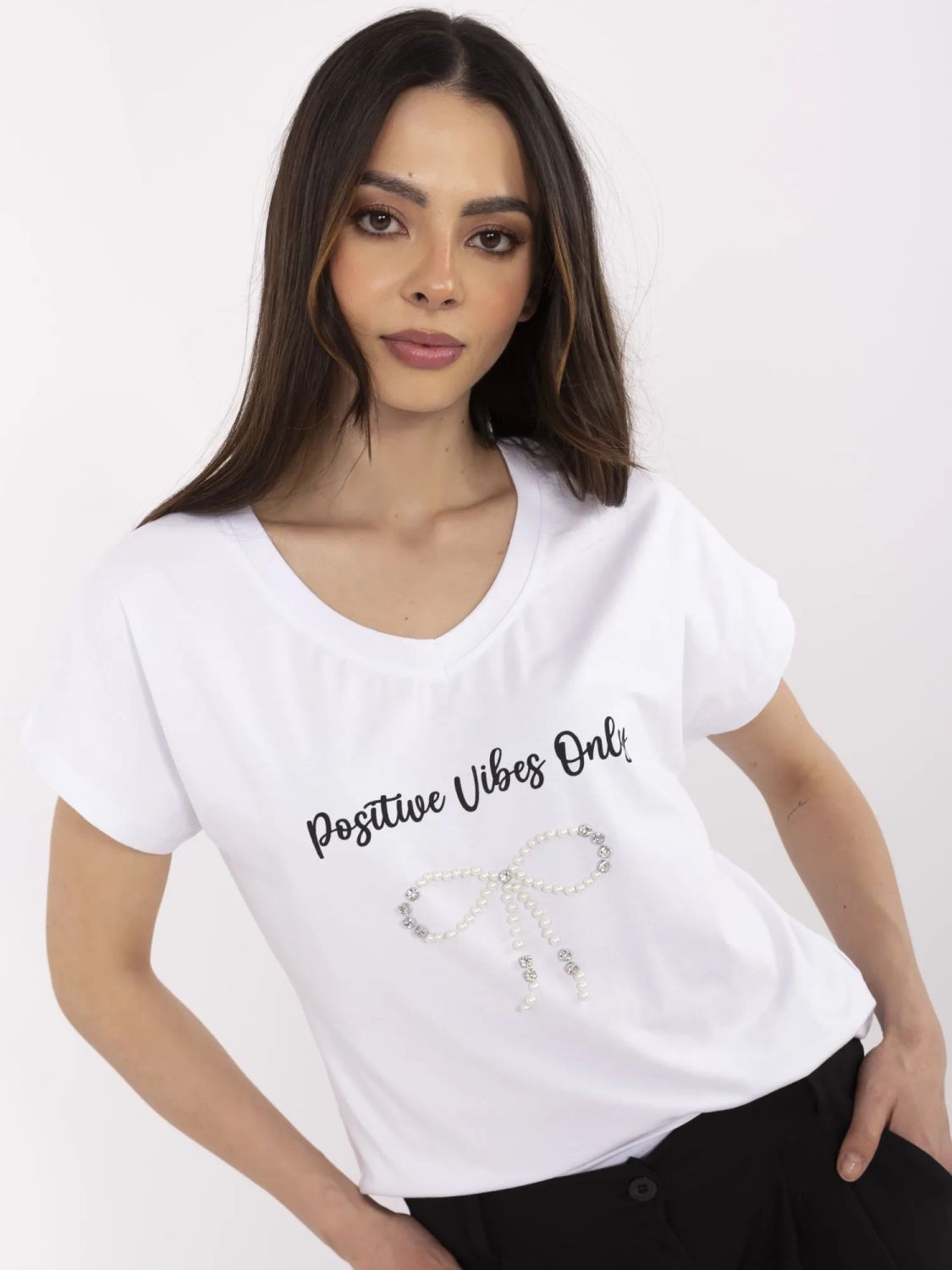 White T-shirt with Application and Rhinestones