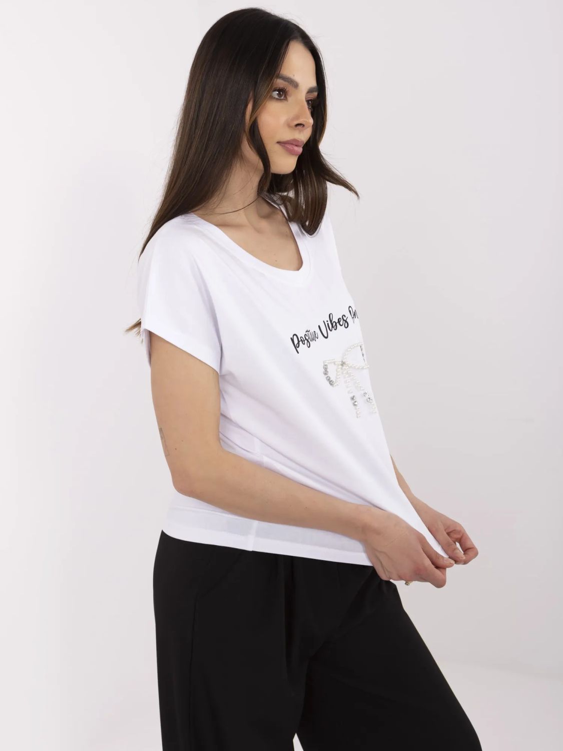 White T-shirt with Application and Rhinestones