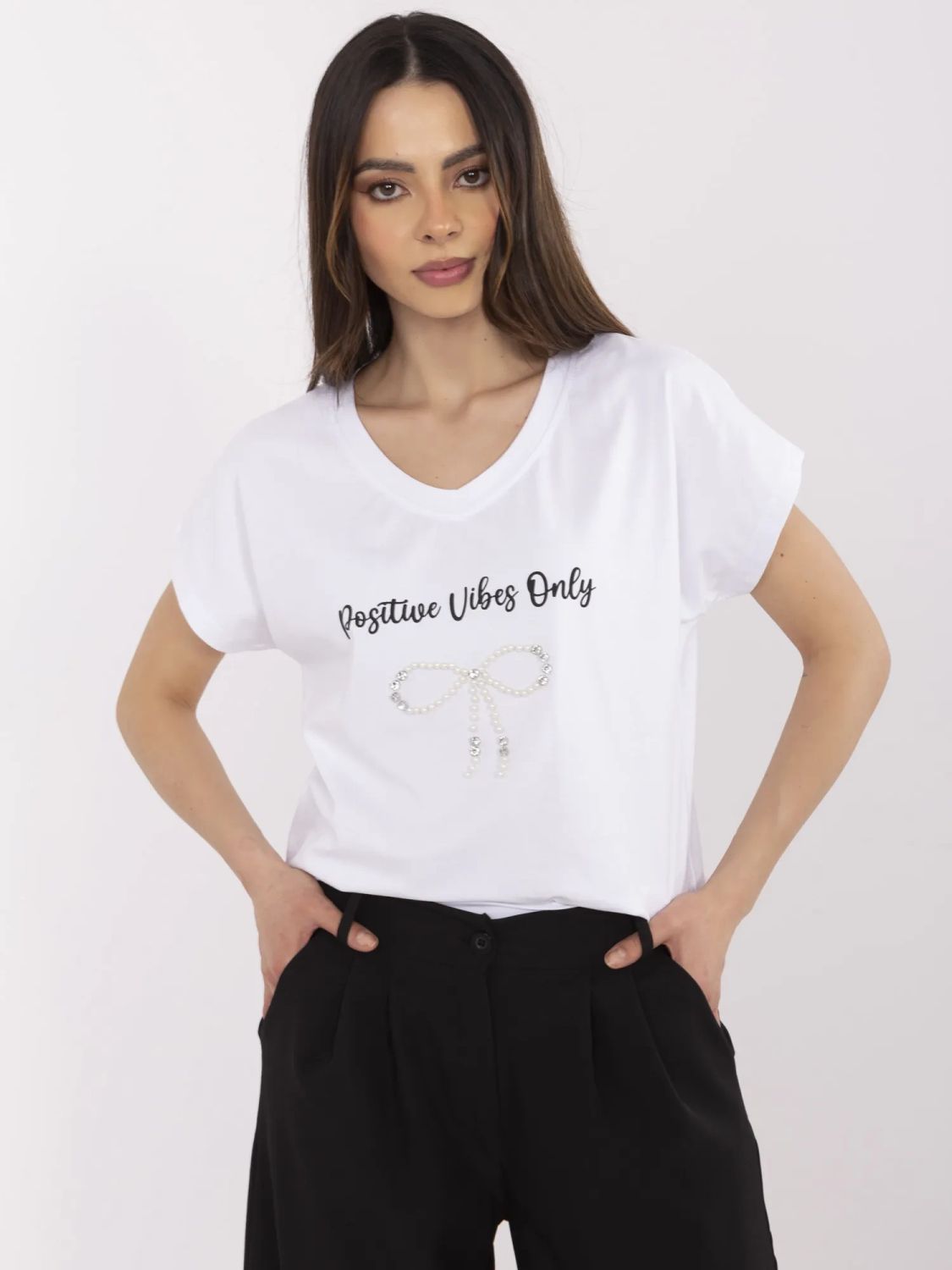 White T-shirt with Application and Rhinestones