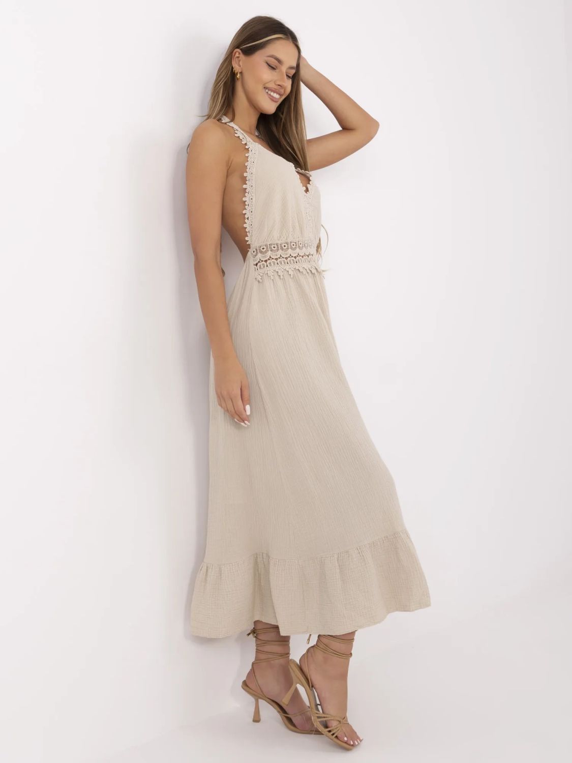 Beige Flared Dress with V Neckline