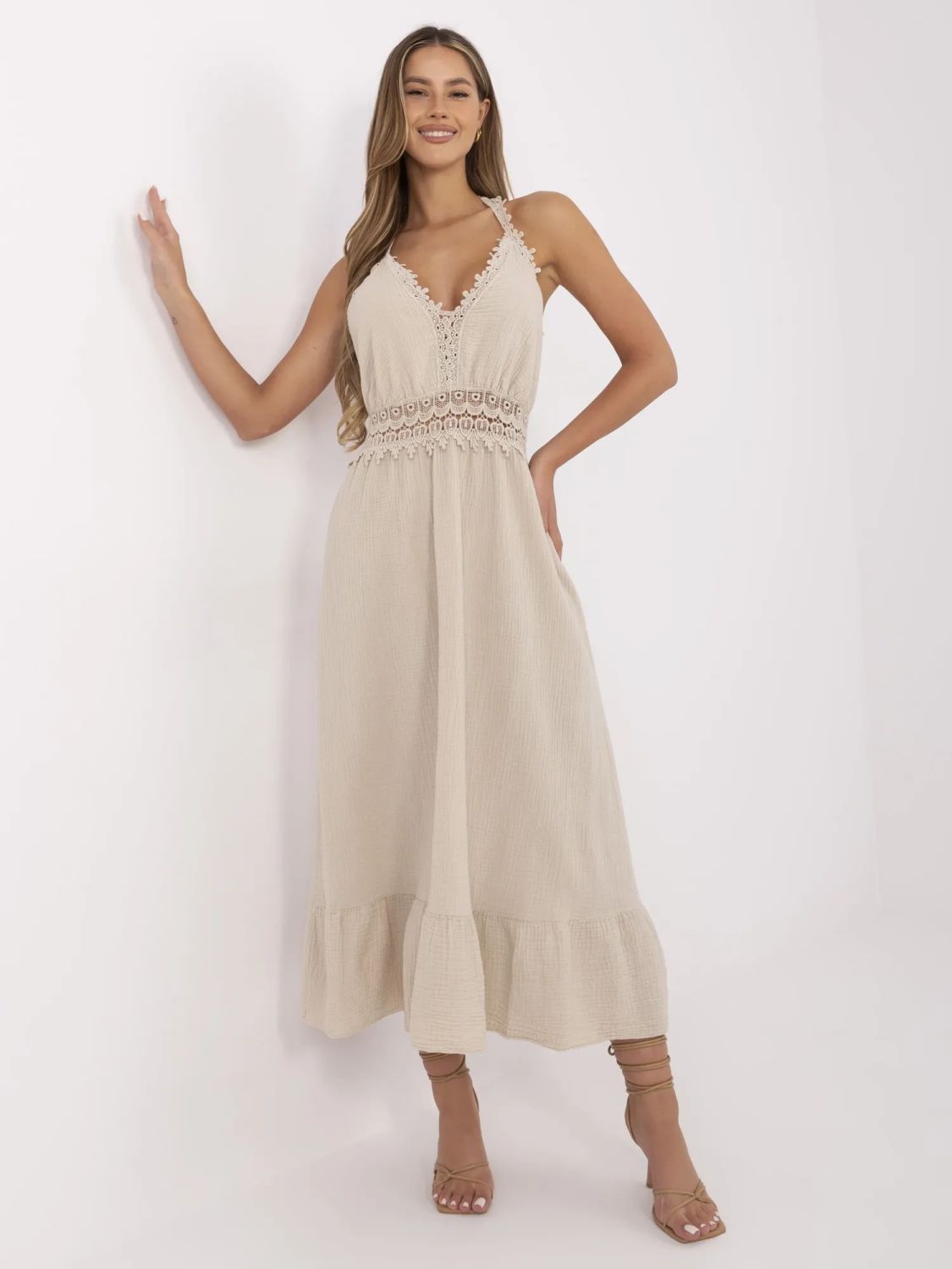 Beige Flared Dress with V Neckline