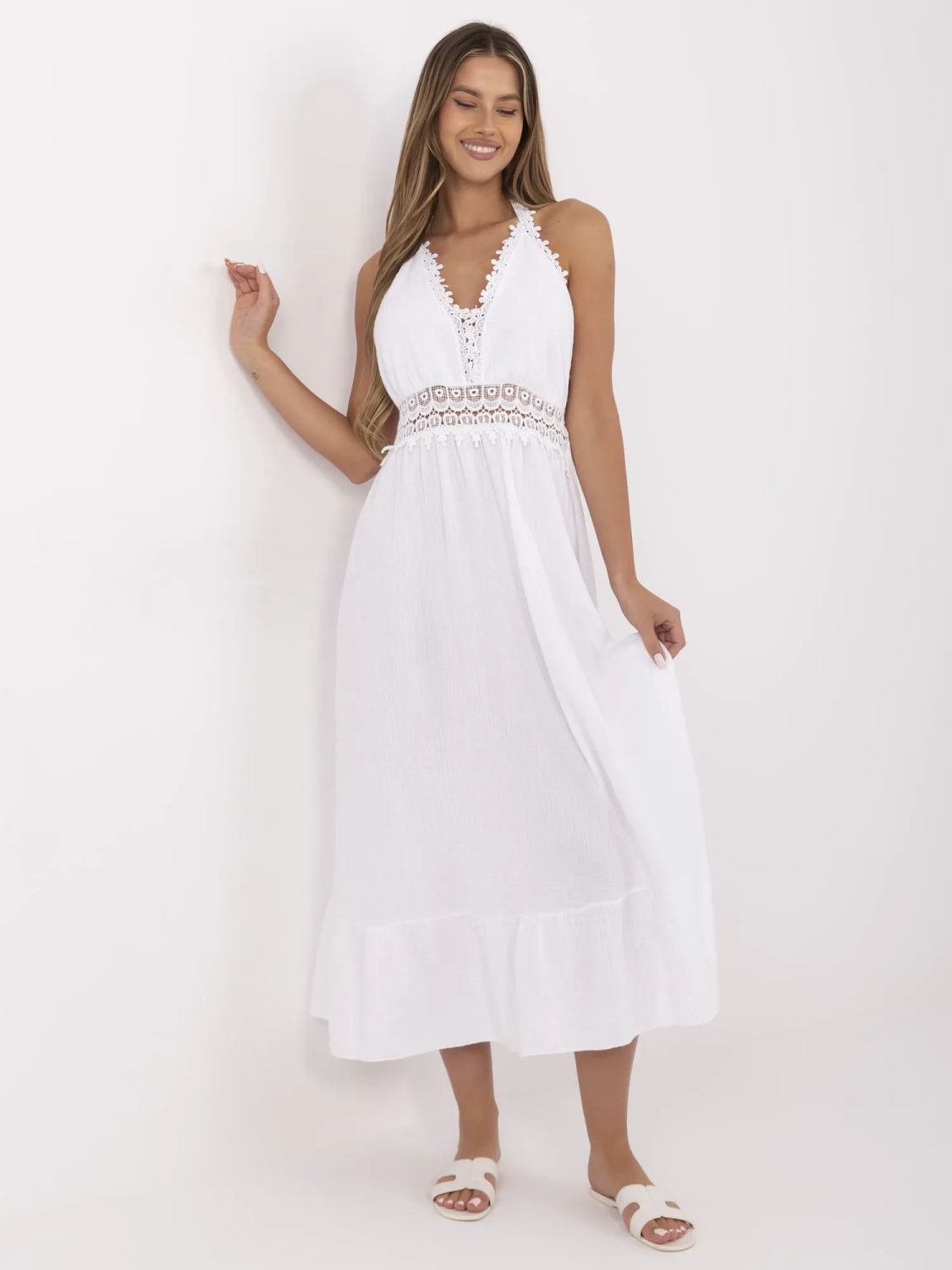 White Flared Dress with V Neckline