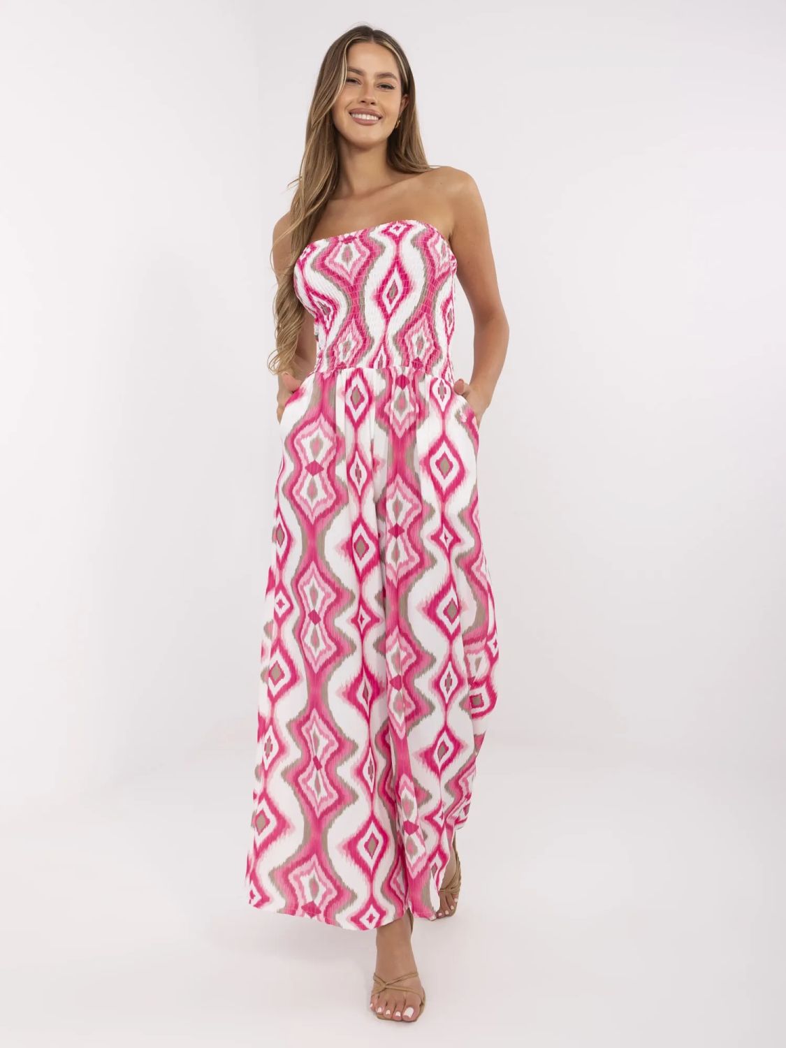 White-Pink Geometric Pattern Jumpsuit