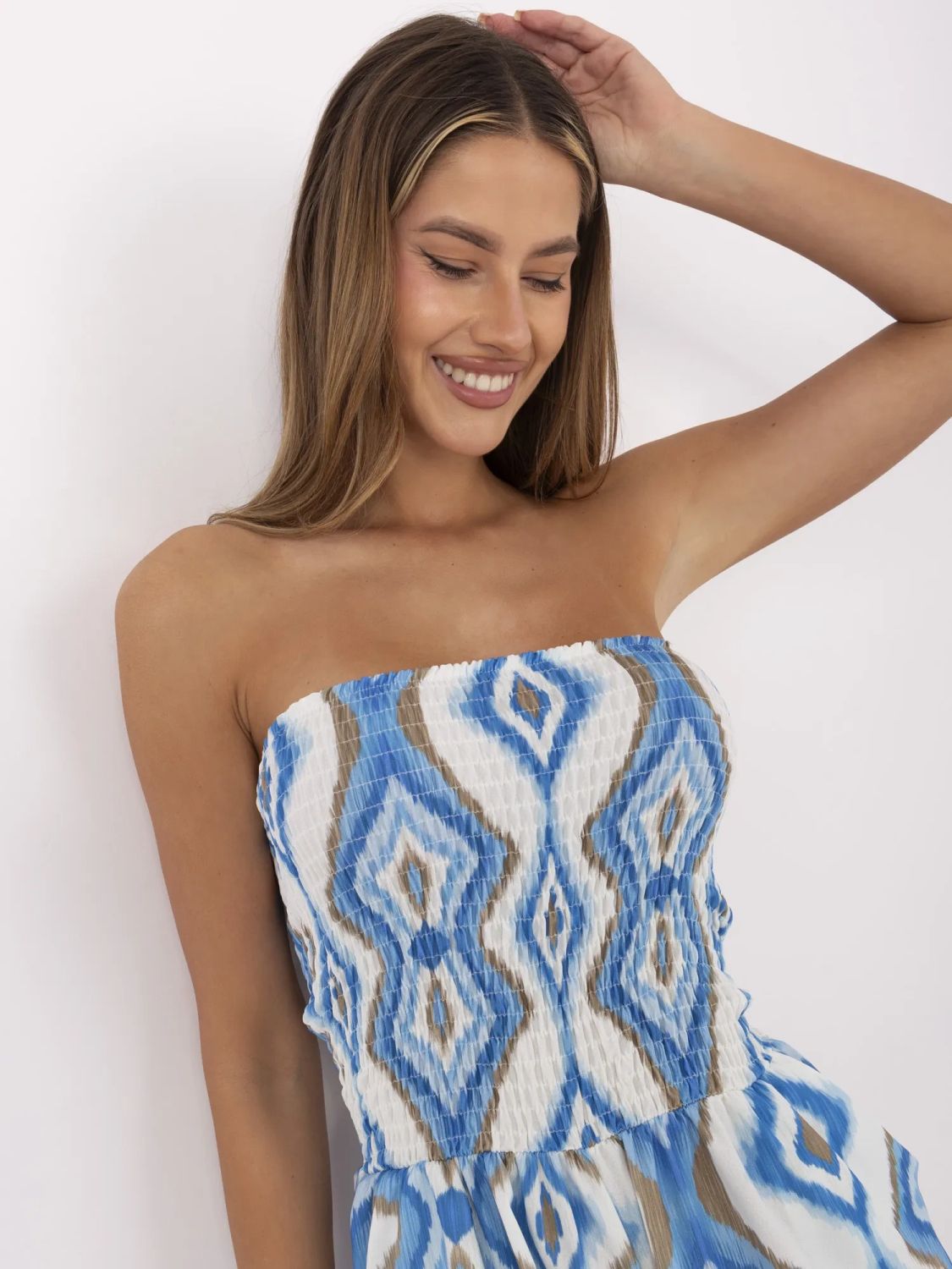 White-Blue Jumpsuit with Geometric Pattern