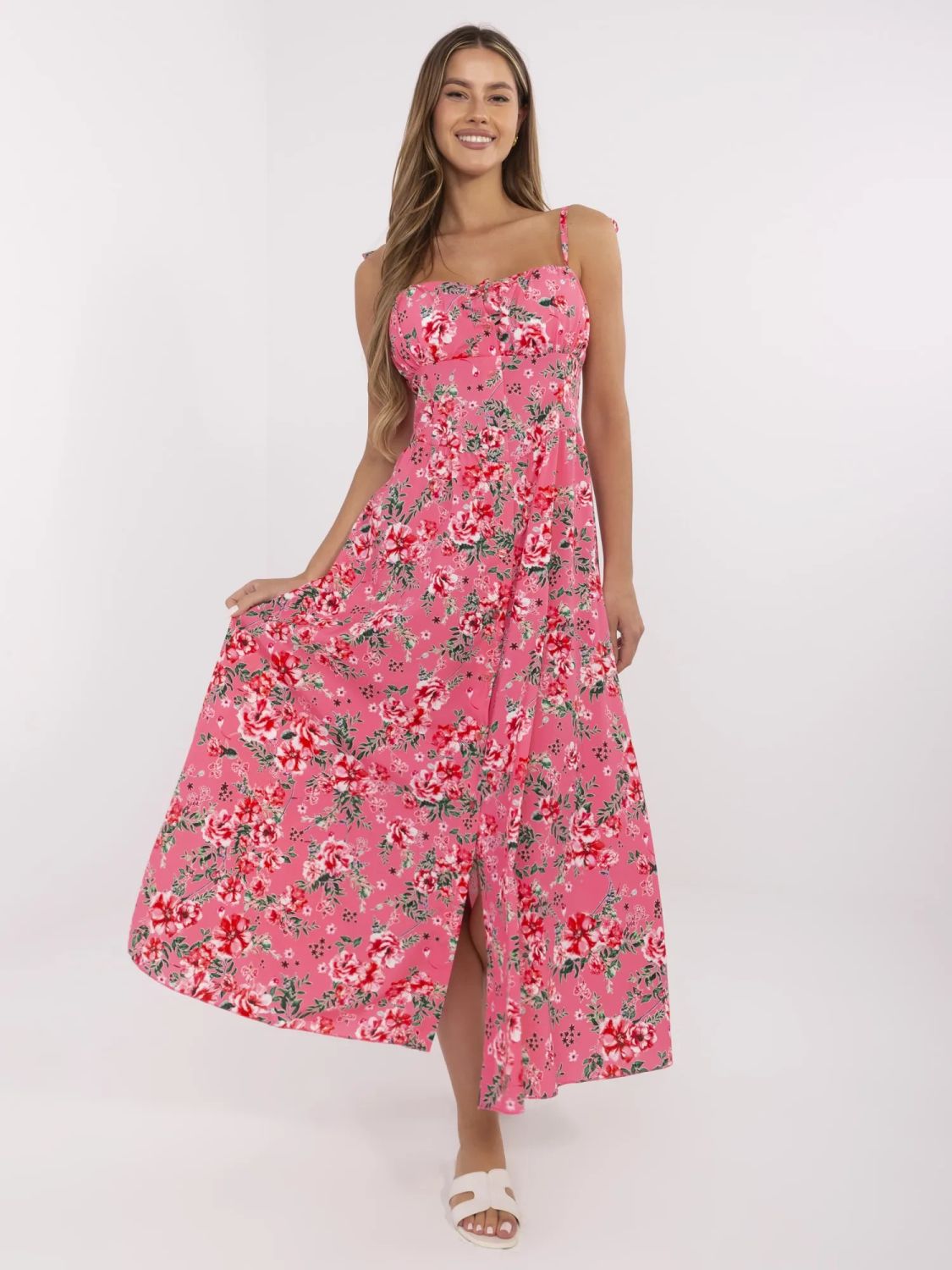 Pink Flared Dress with Floral Pattern