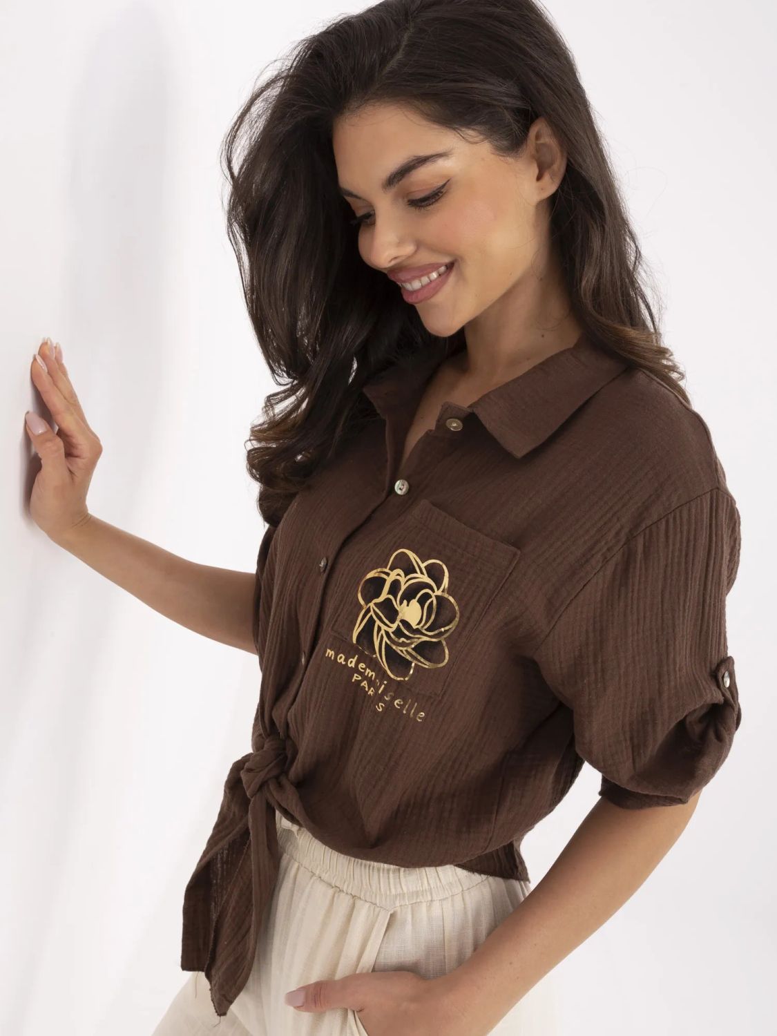 Brown Blouse with 3/4 Sleeves