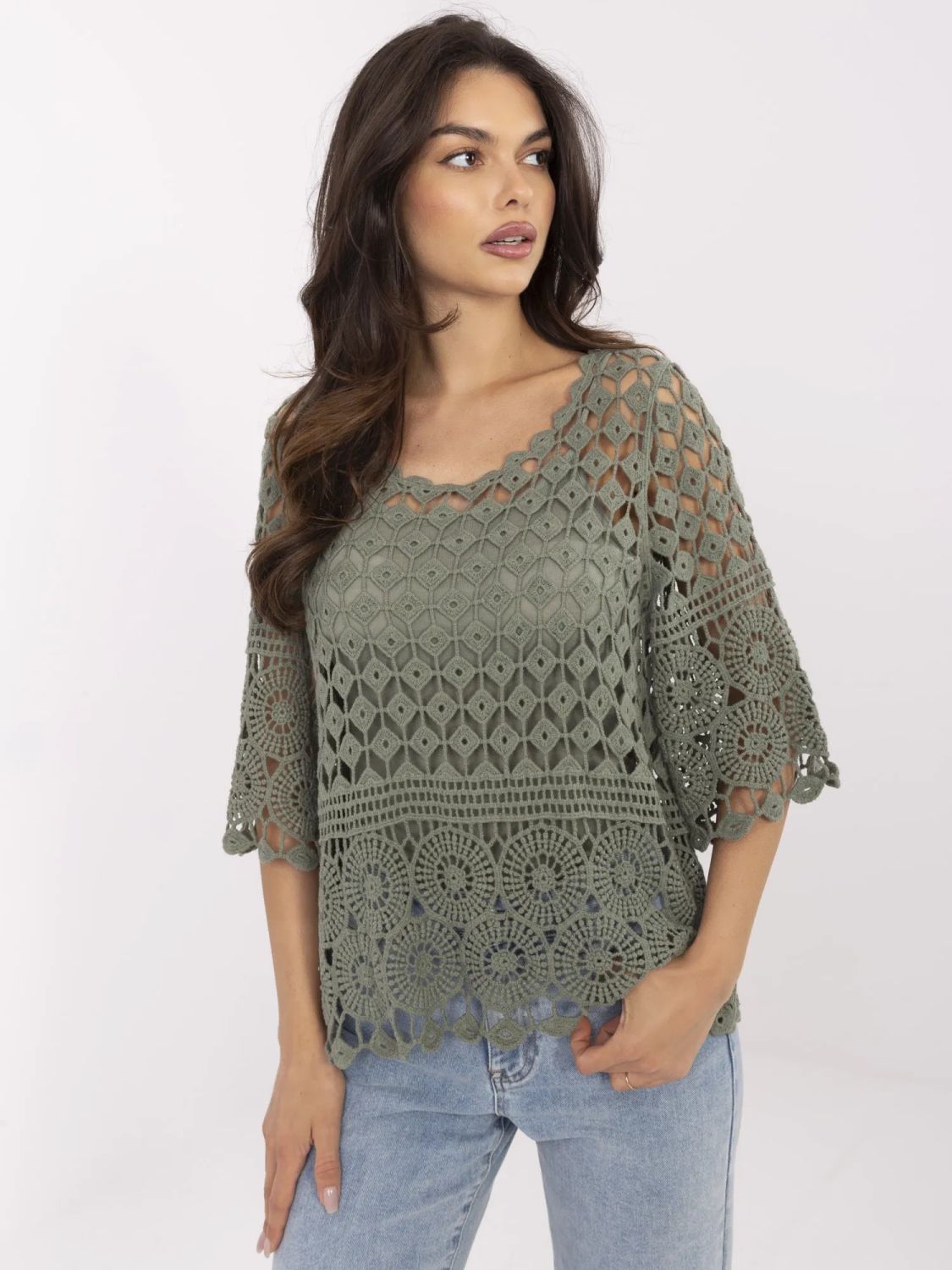 Stylish Khaki Blouse with 3/4 Sleeves