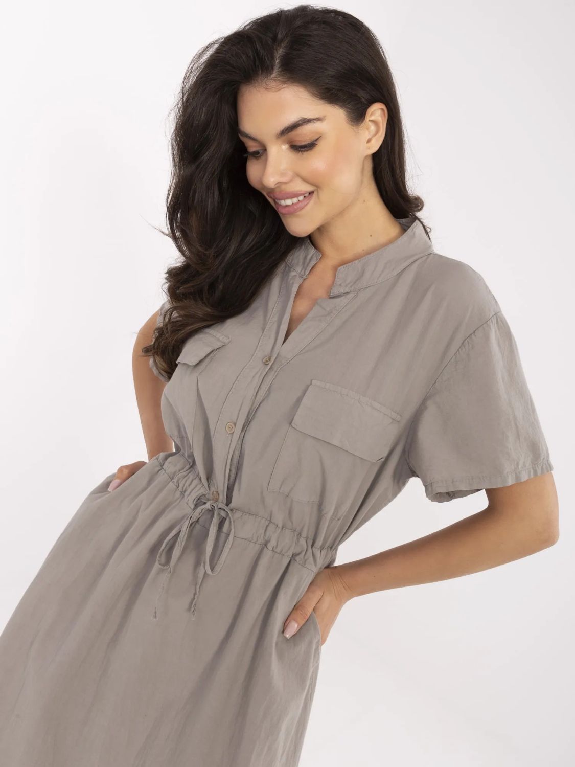 Beige Flared Dress with Short Sleeves