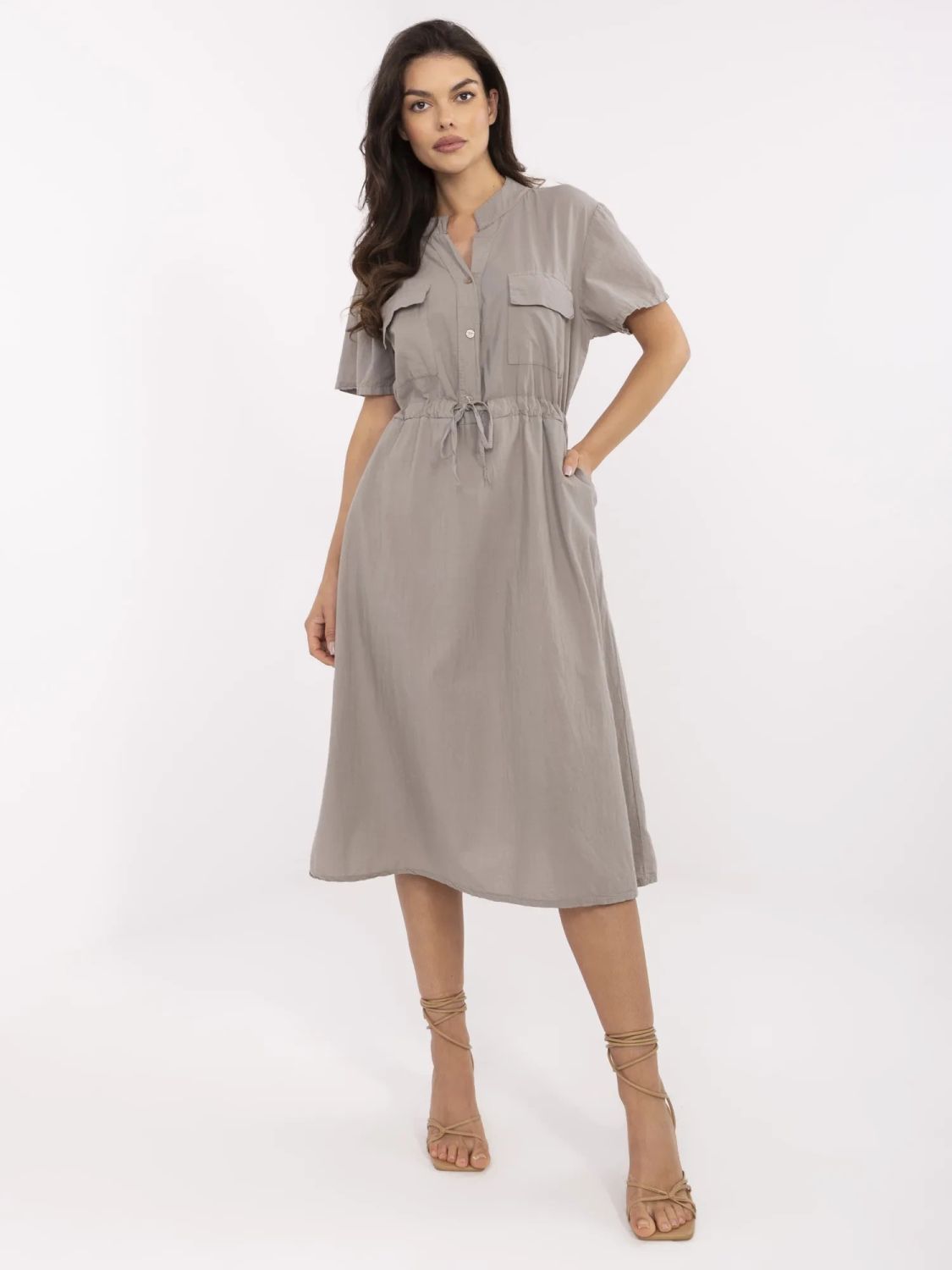 Beige Flared Dress with Short Sleeves