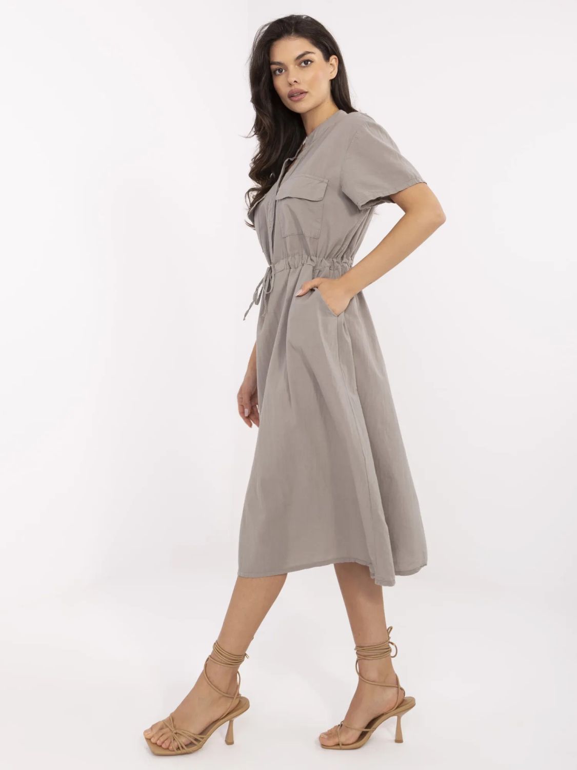 Beige Flared Dress with Short Sleeves