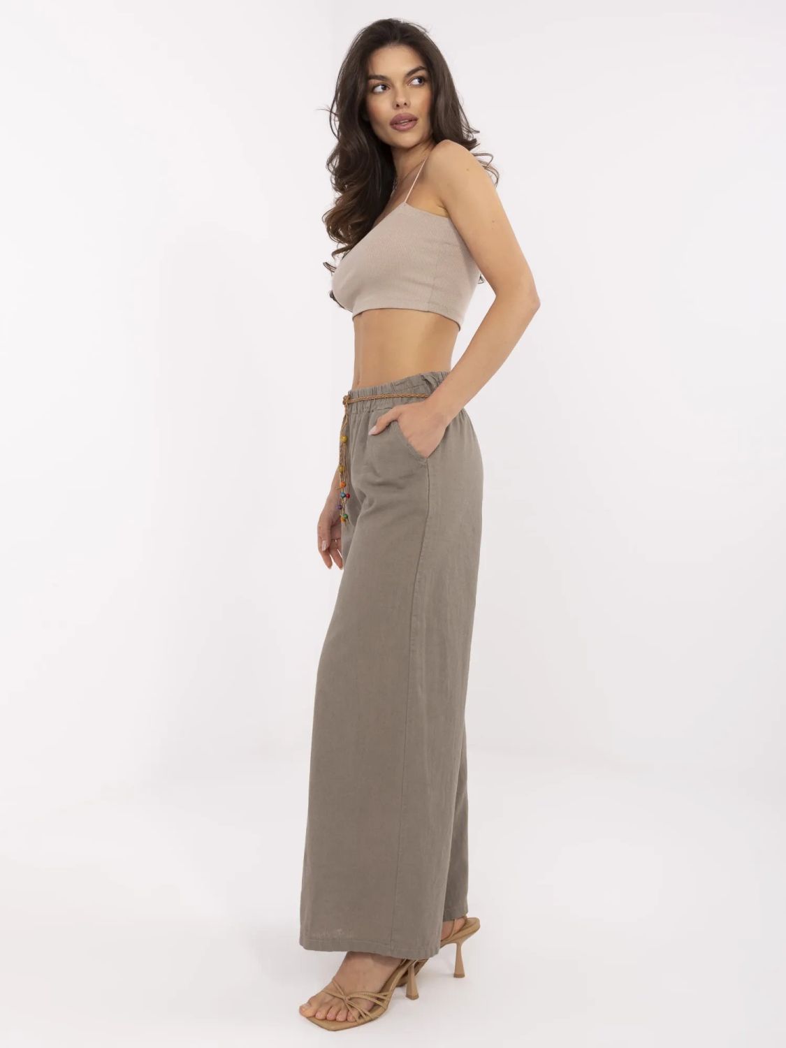 Beige Wide-Leg Linen Pants