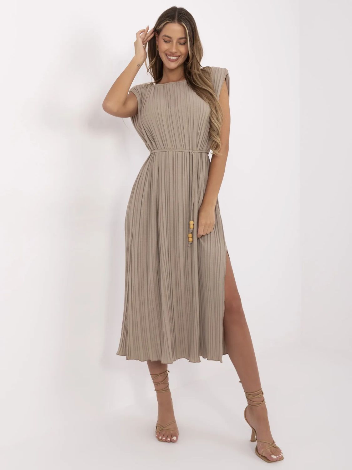 Beige Midi Dress with Belt