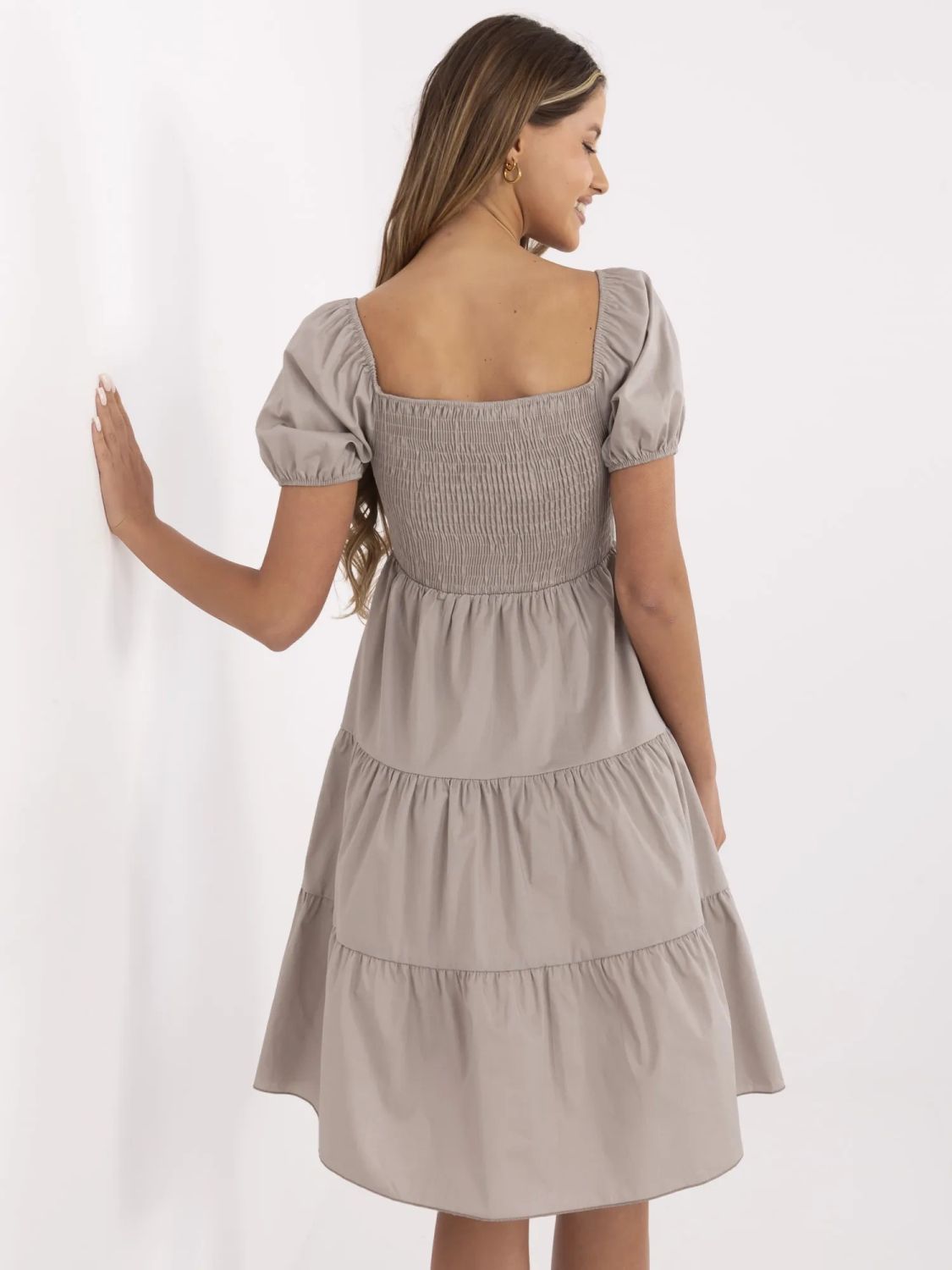 Beige Flared Dress with Short Sleeves