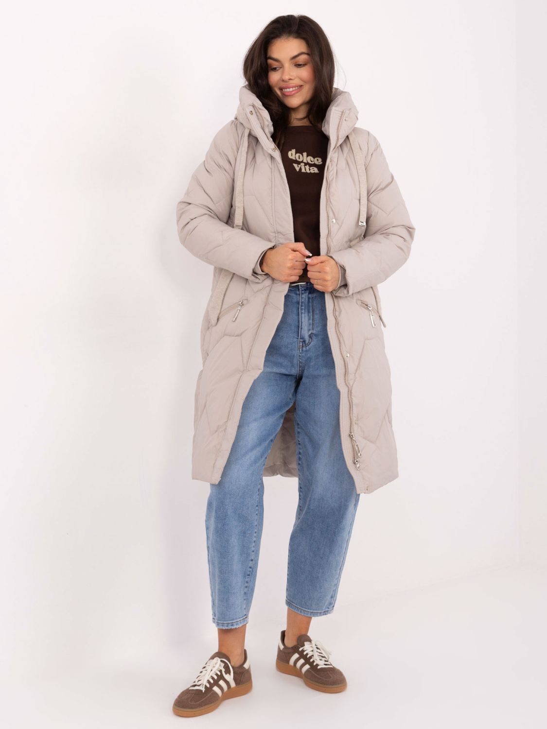 Beige Long Quilted Coat with Hood