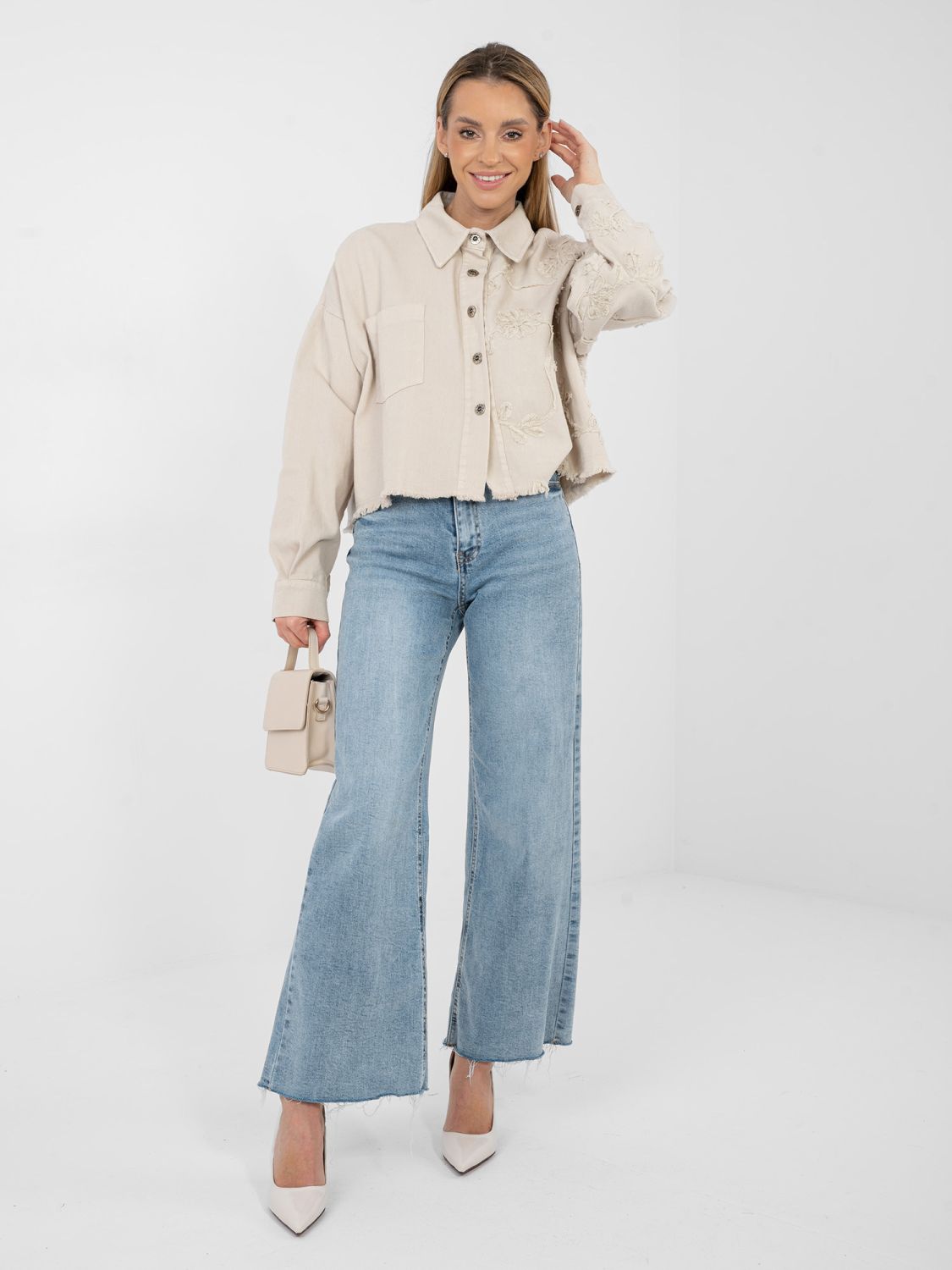 Beige Short Denim Jacket with Floral Appliqué