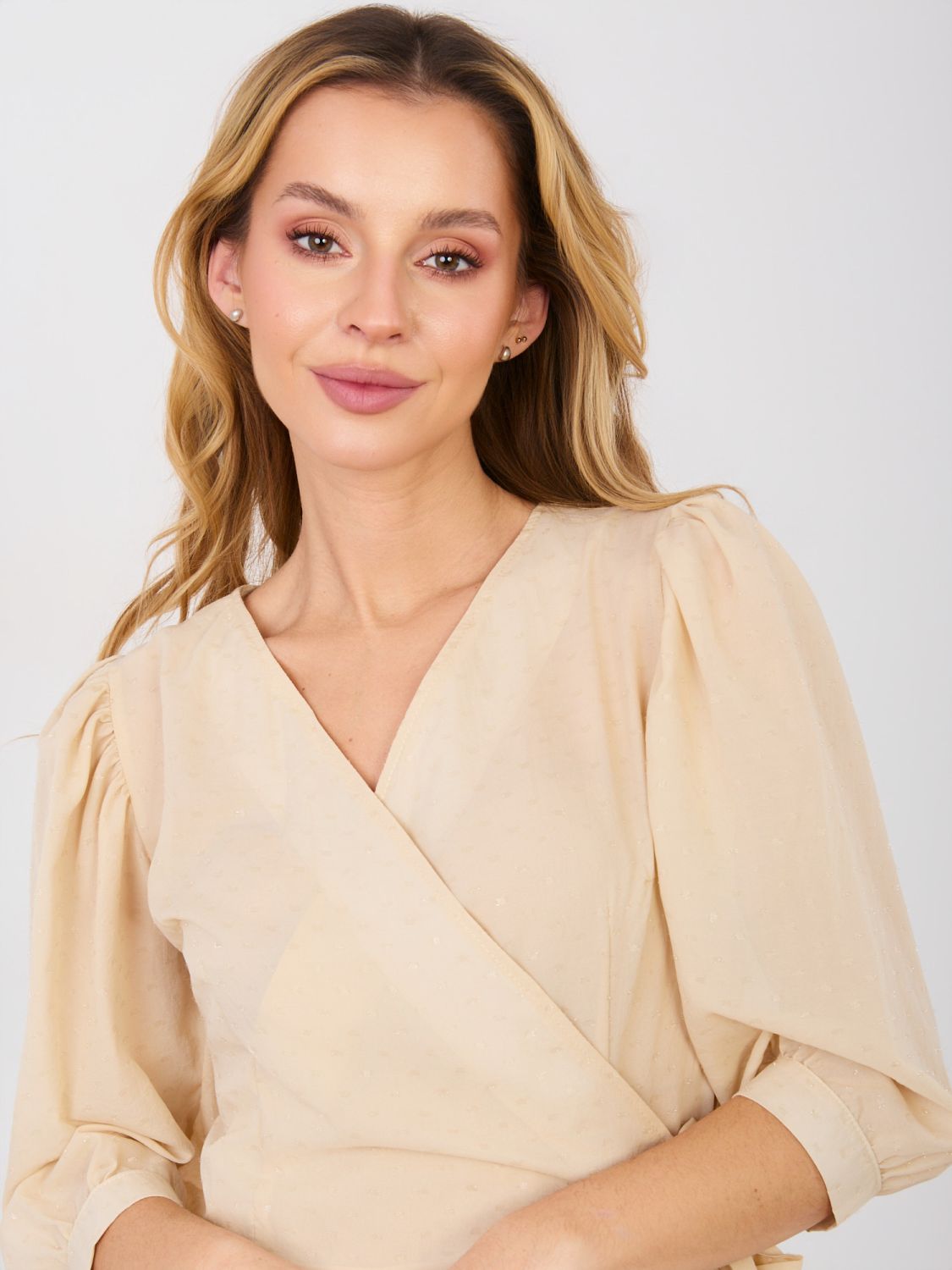 Beige wrap cocktail dress with appliqué