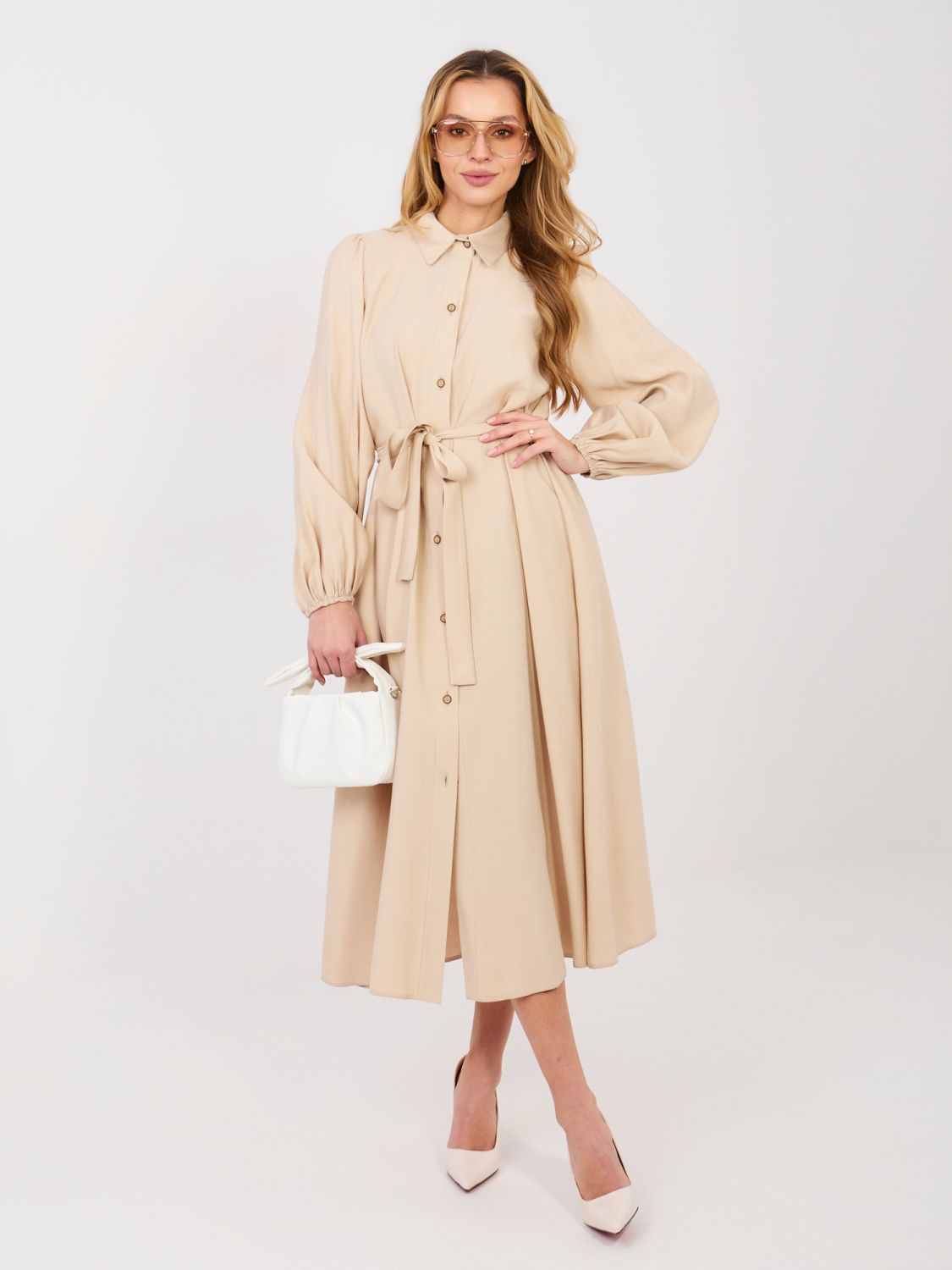 Beige shirt midi dress with belt