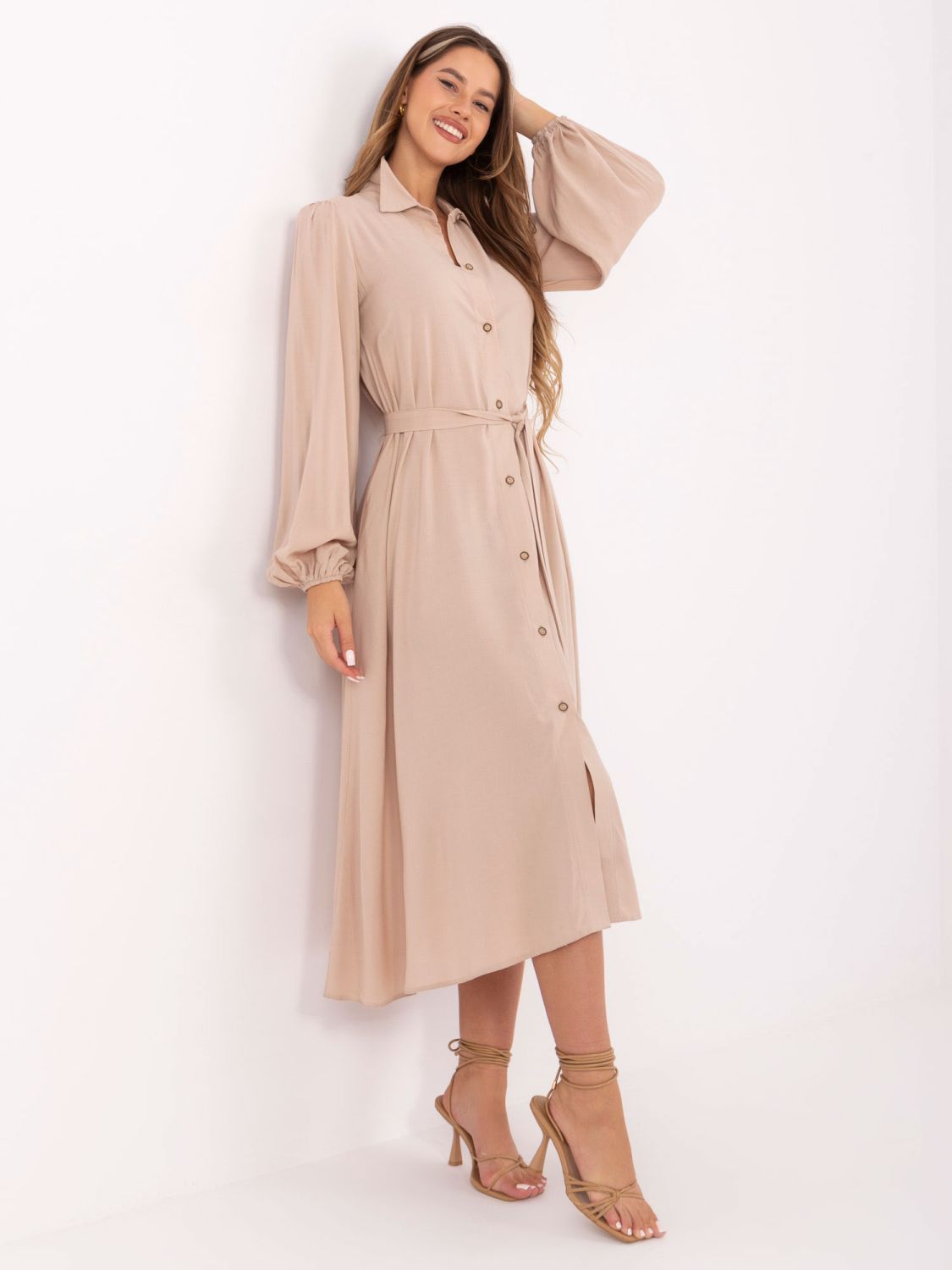 Elegant Beige Midi Dress with Long Sleeves