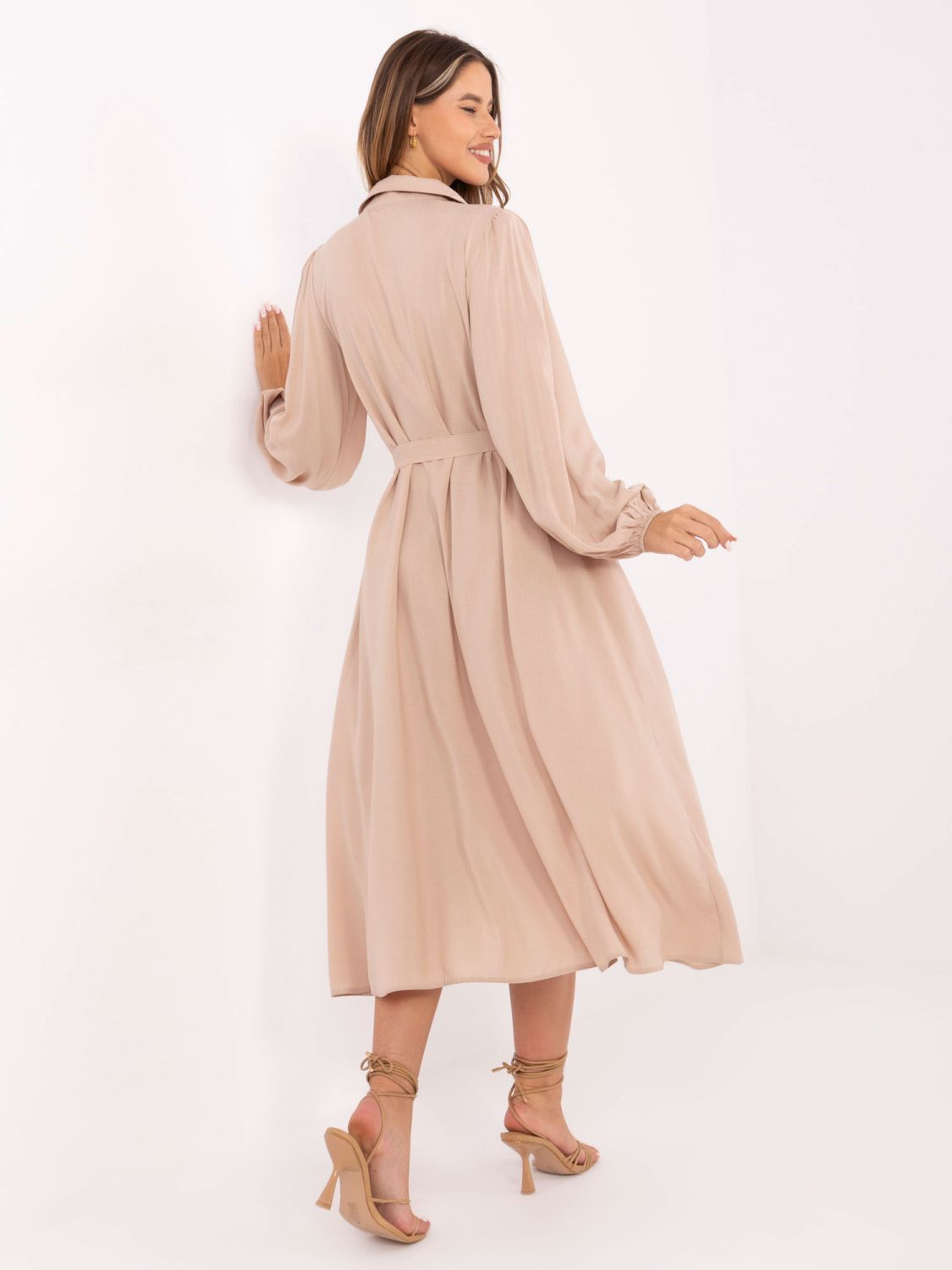 Elegant Beige Midi Dress with Long Sleeves