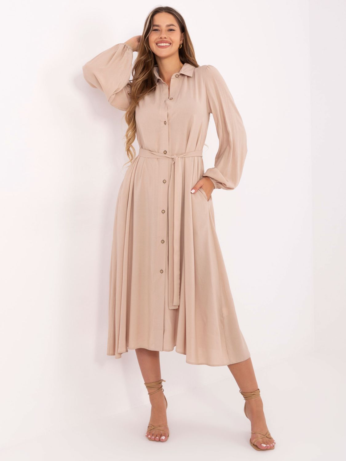 Elegant Beige Midi Dress with Long Sleeves