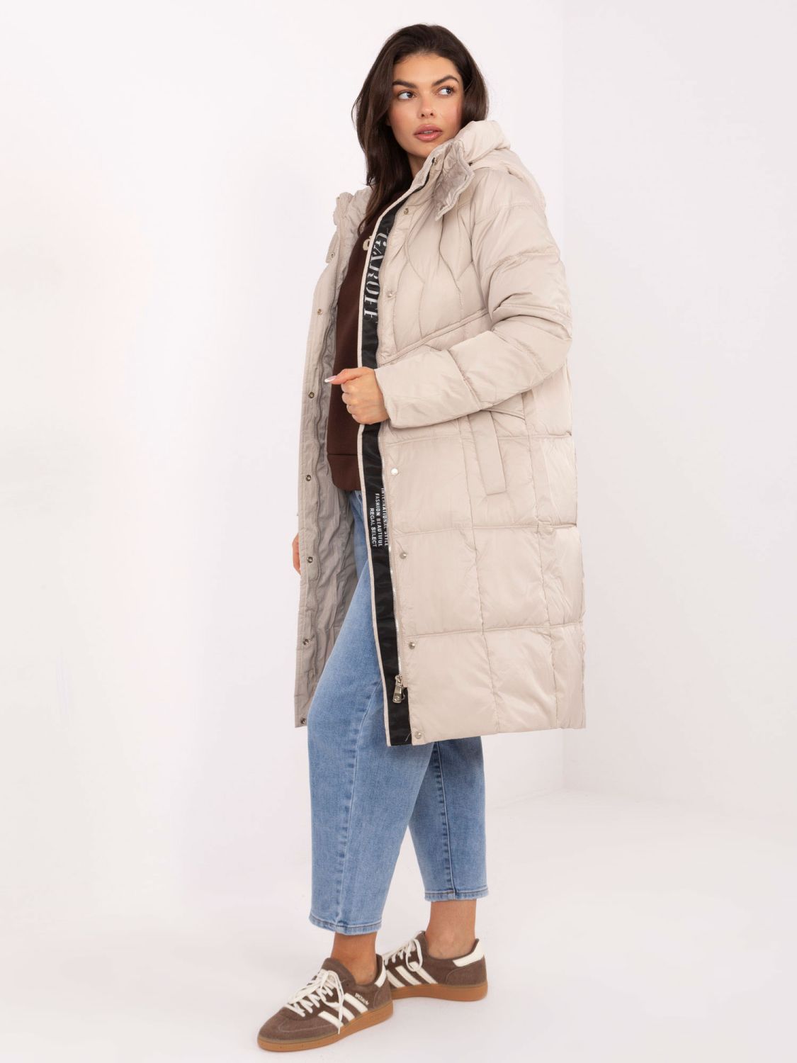 Beige long quilted coat with hood