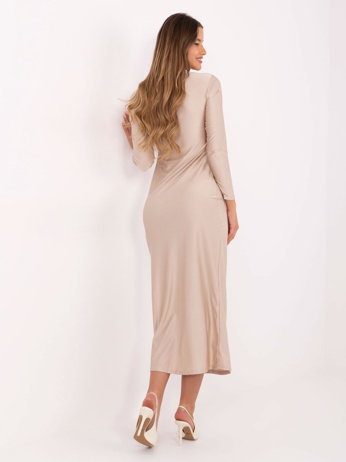 Beige midi pencil dress with long sleeves and V-neckline