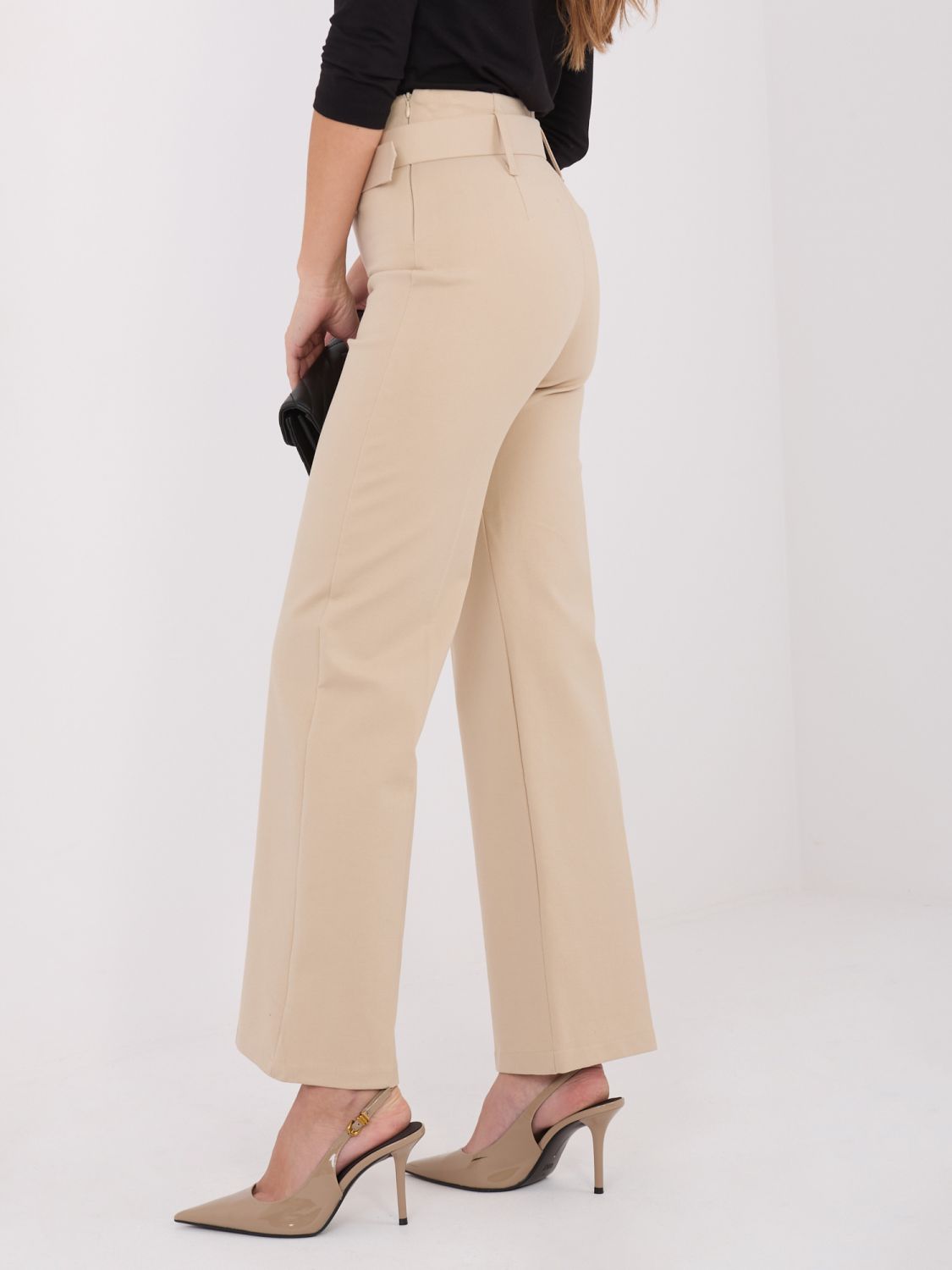 Beige elegant straight-leg trousers with high waist and belt