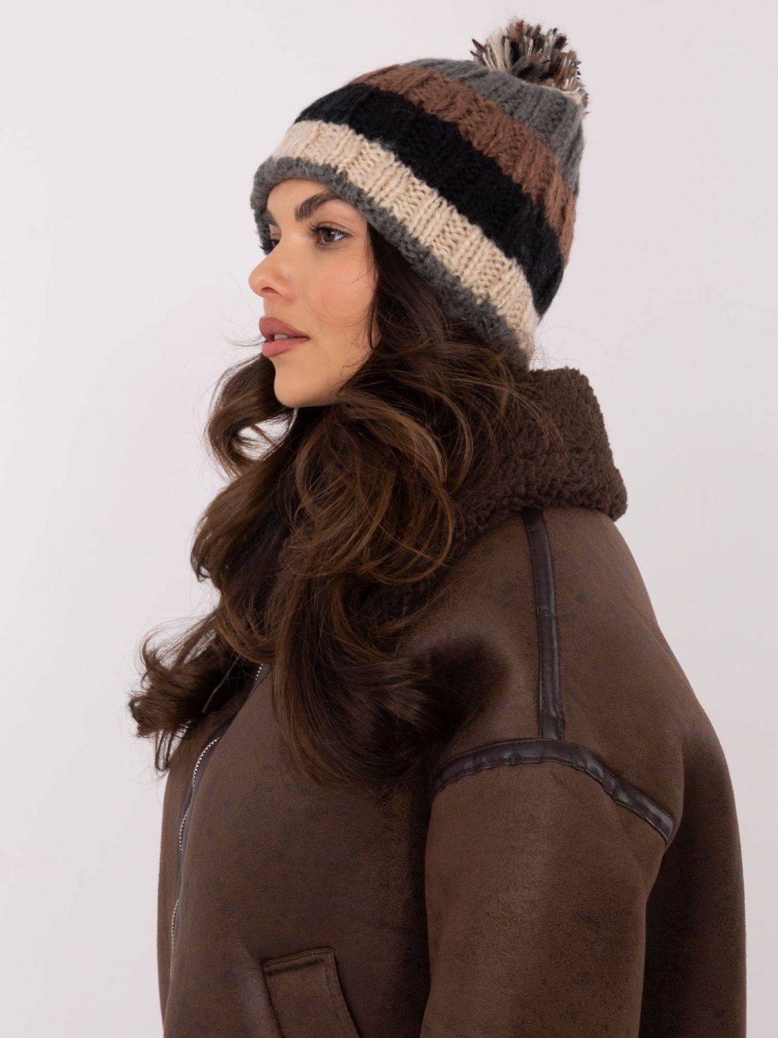 Beige Striped Beanie with Pom Pom