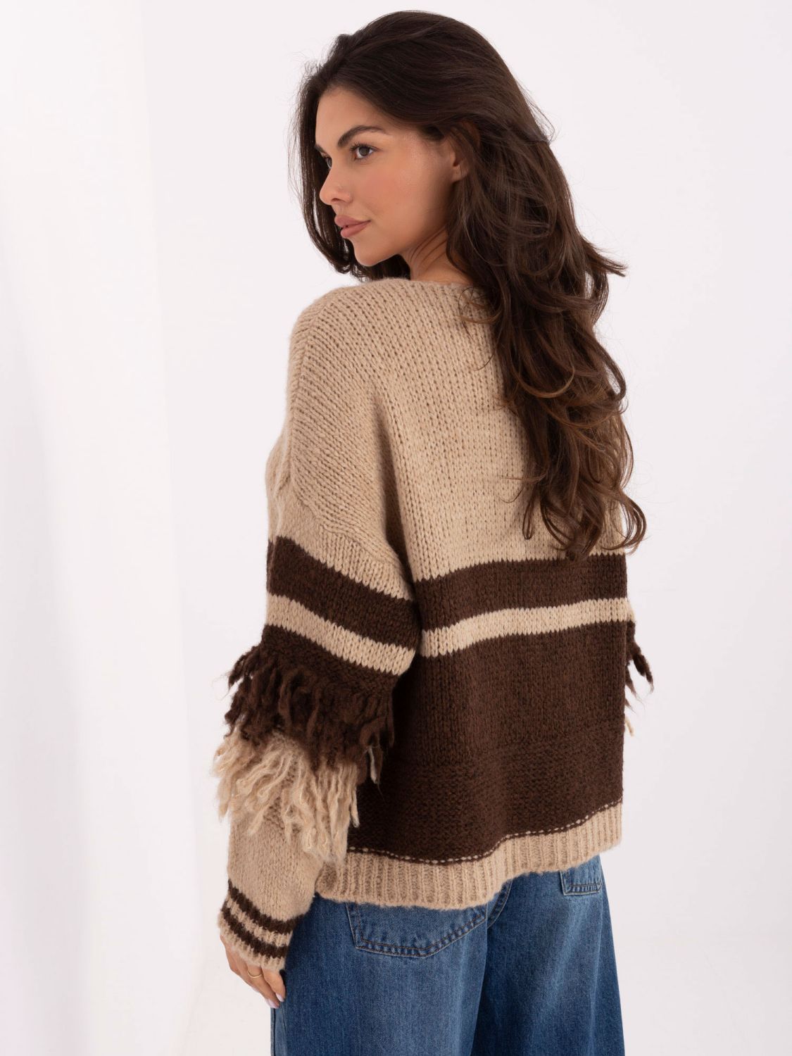 Beige striped sweater with V-neck and fringes