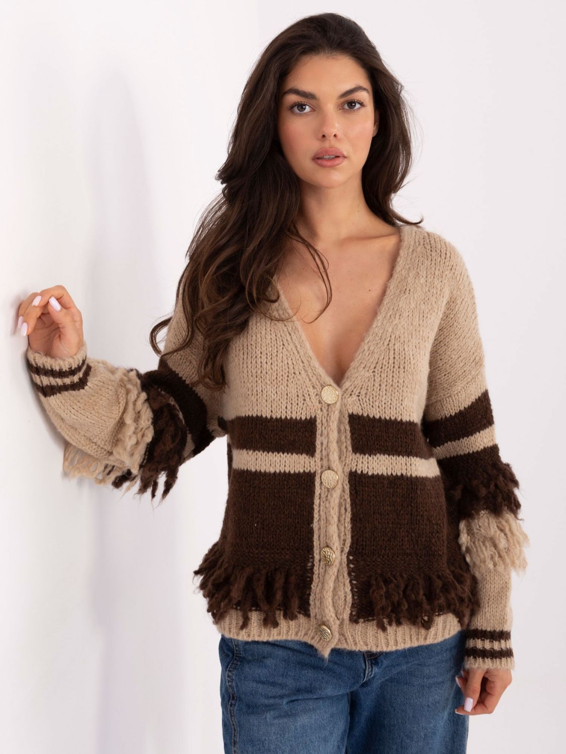 Beige striped sweater with V-neck and fringes