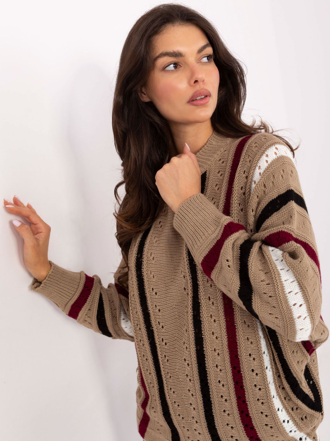 Beige openwork striped sweater