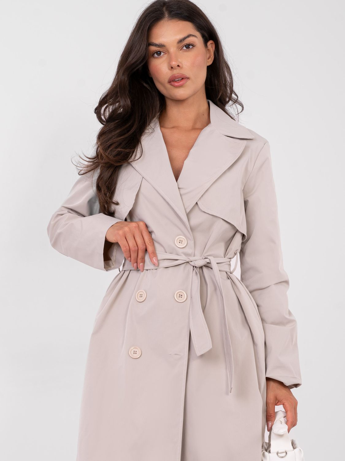 Beige transitional trench coat with belt