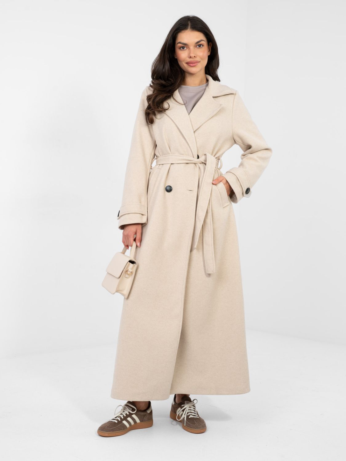Elegant beige transitional coat with belt