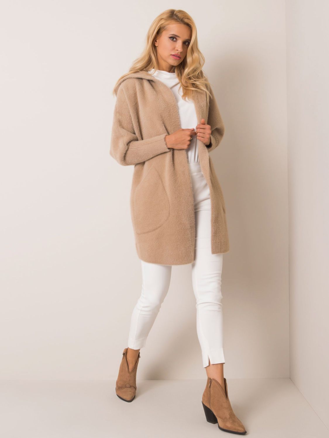 Beige Alpaca Coat with Hood