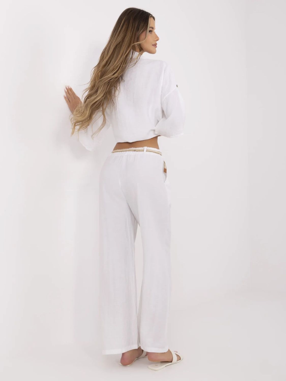 White Wide-Leg Pants with Belt