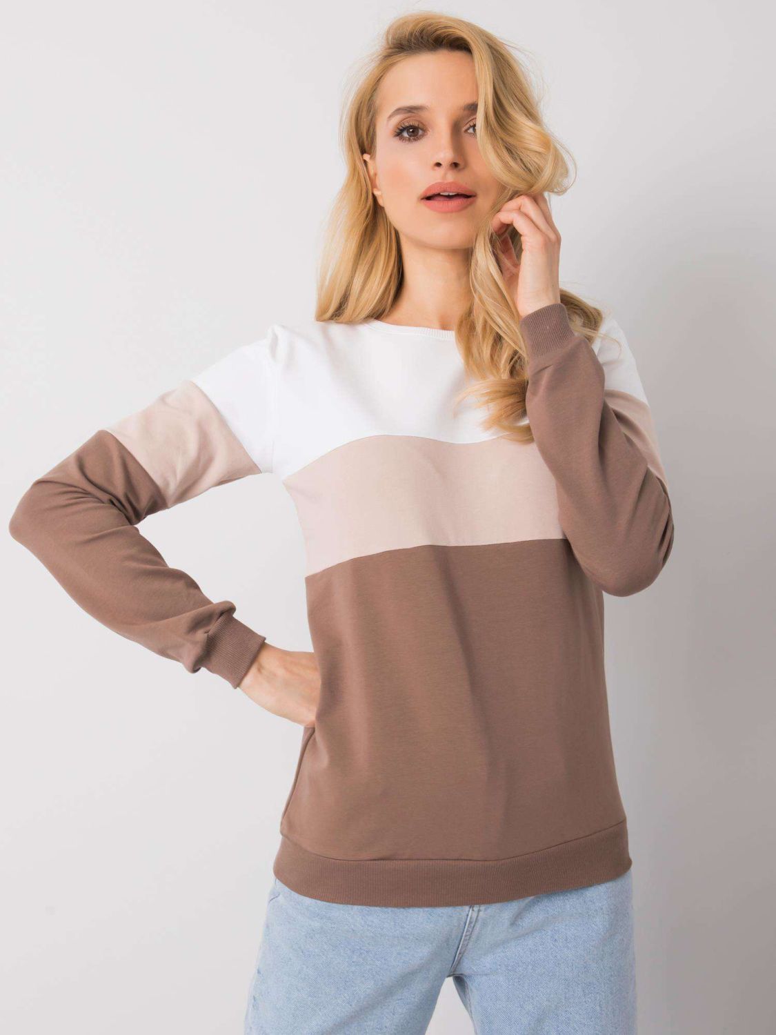 White-brown women's sweatshirt with round neckline