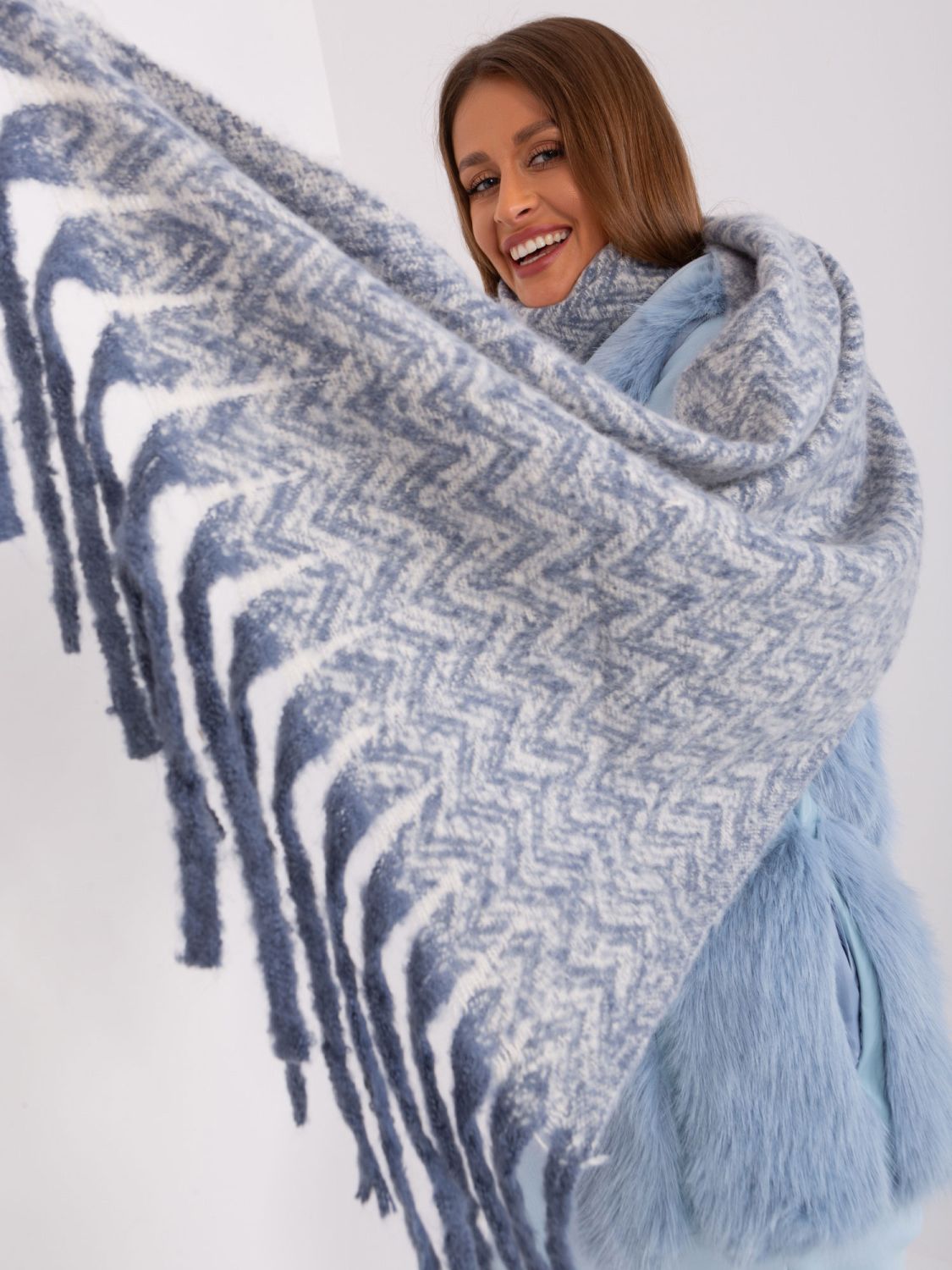 White-Blue Women's Scarf with Fringes