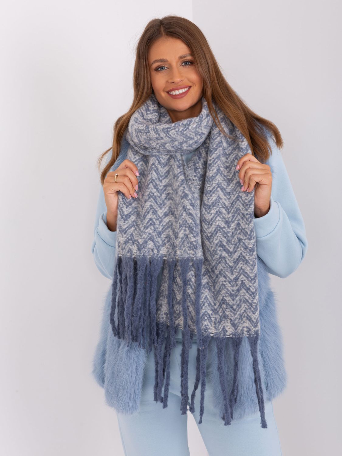 White-Blue Women's Scarf with Fringes