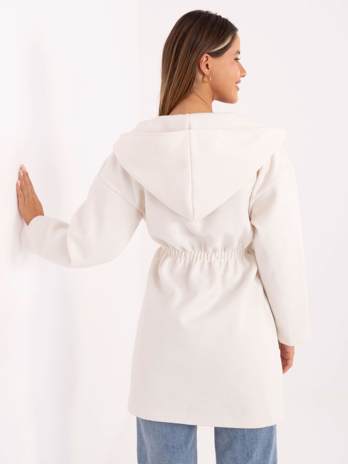 White transitional coat with hood and belt