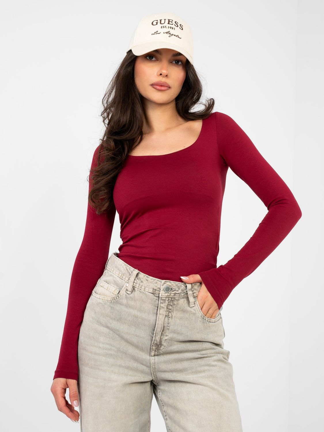Burgundy cotton blouse with long sleeves and square neckline