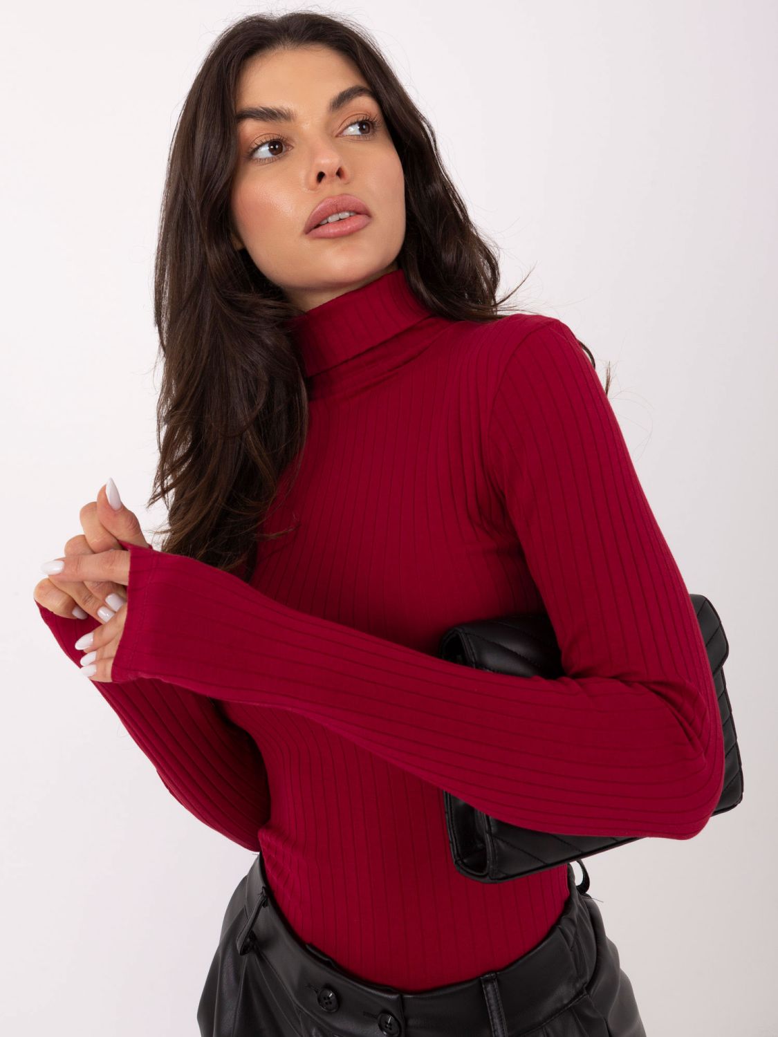Burgundy ribbed turtleneck blouse