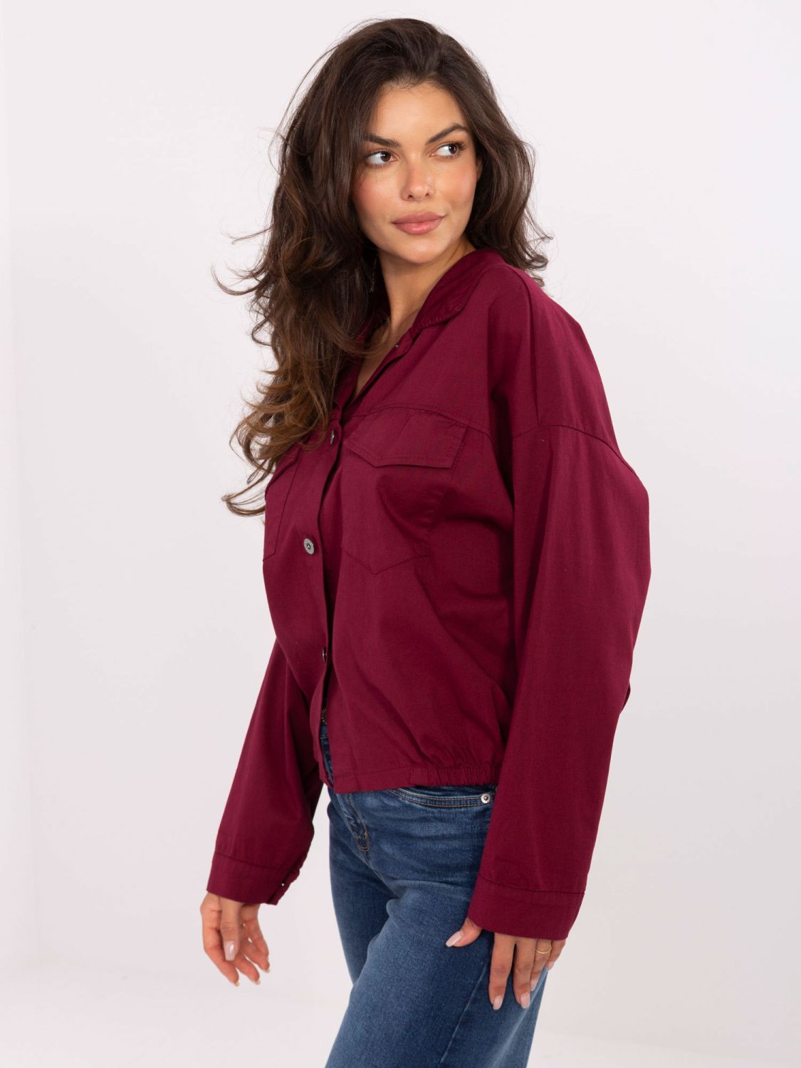 Burgundy cotton shirt with long sleeves and pockets