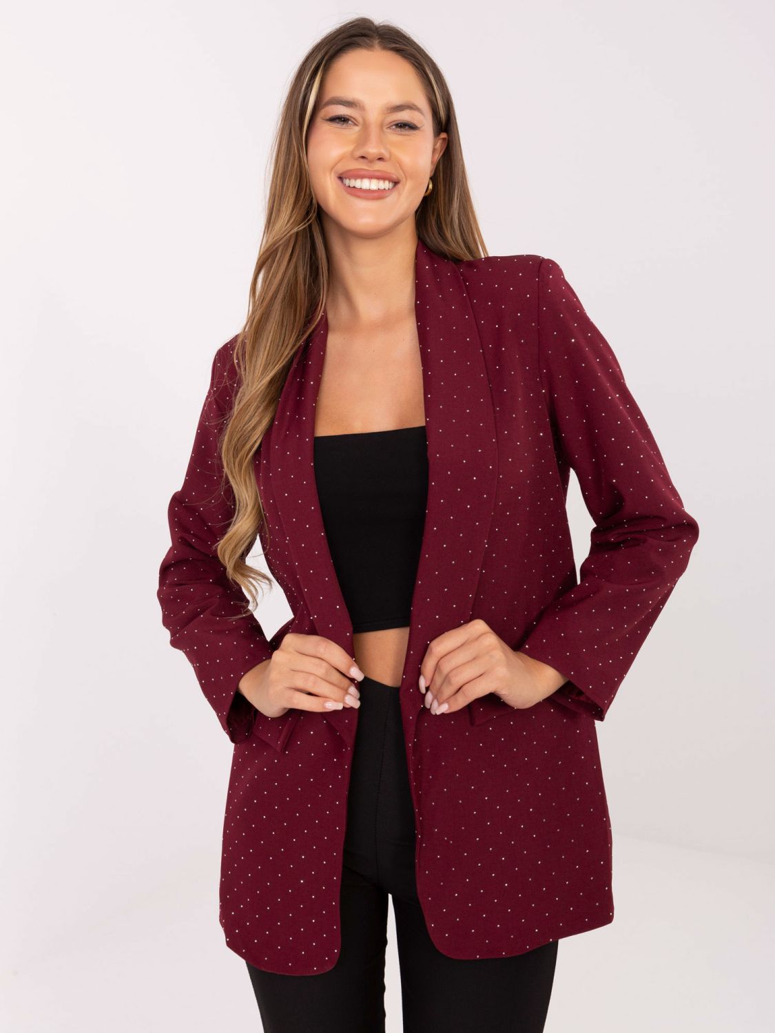 Elegant burgundy blazer with appliqué and lining