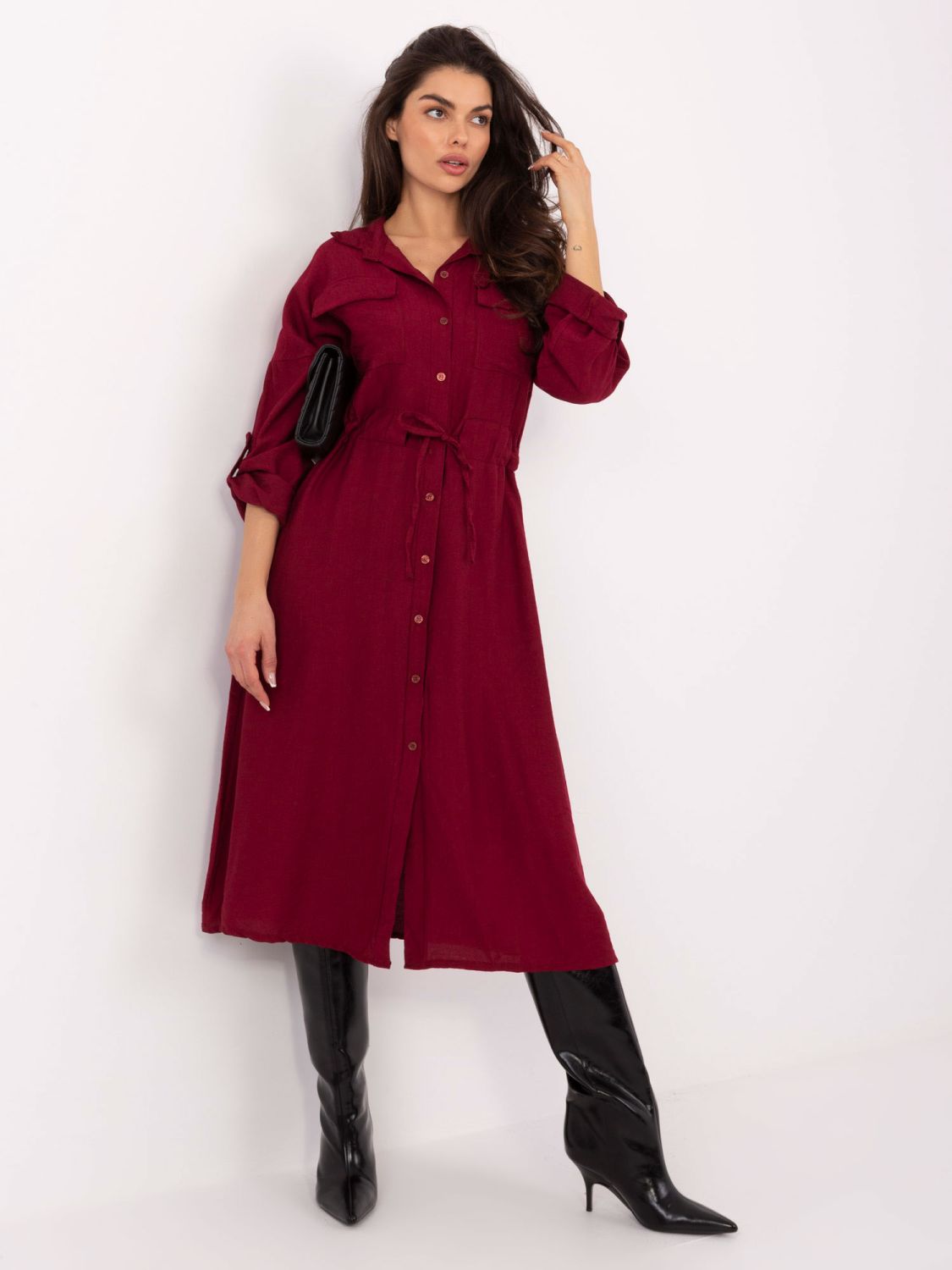 Burgundy flared midi dress with collar
