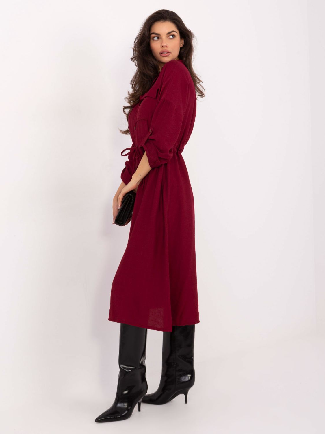 Burgundy flared midi dress with collar