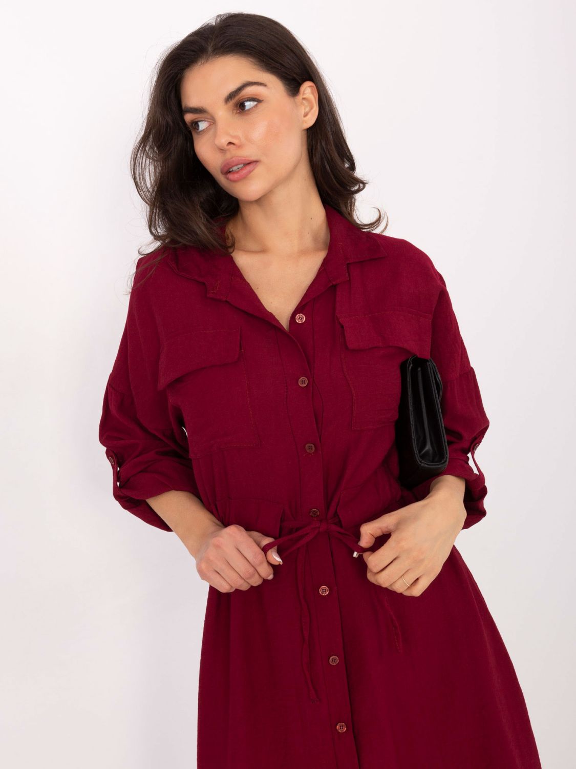 Burgundy flared midi dress with collar