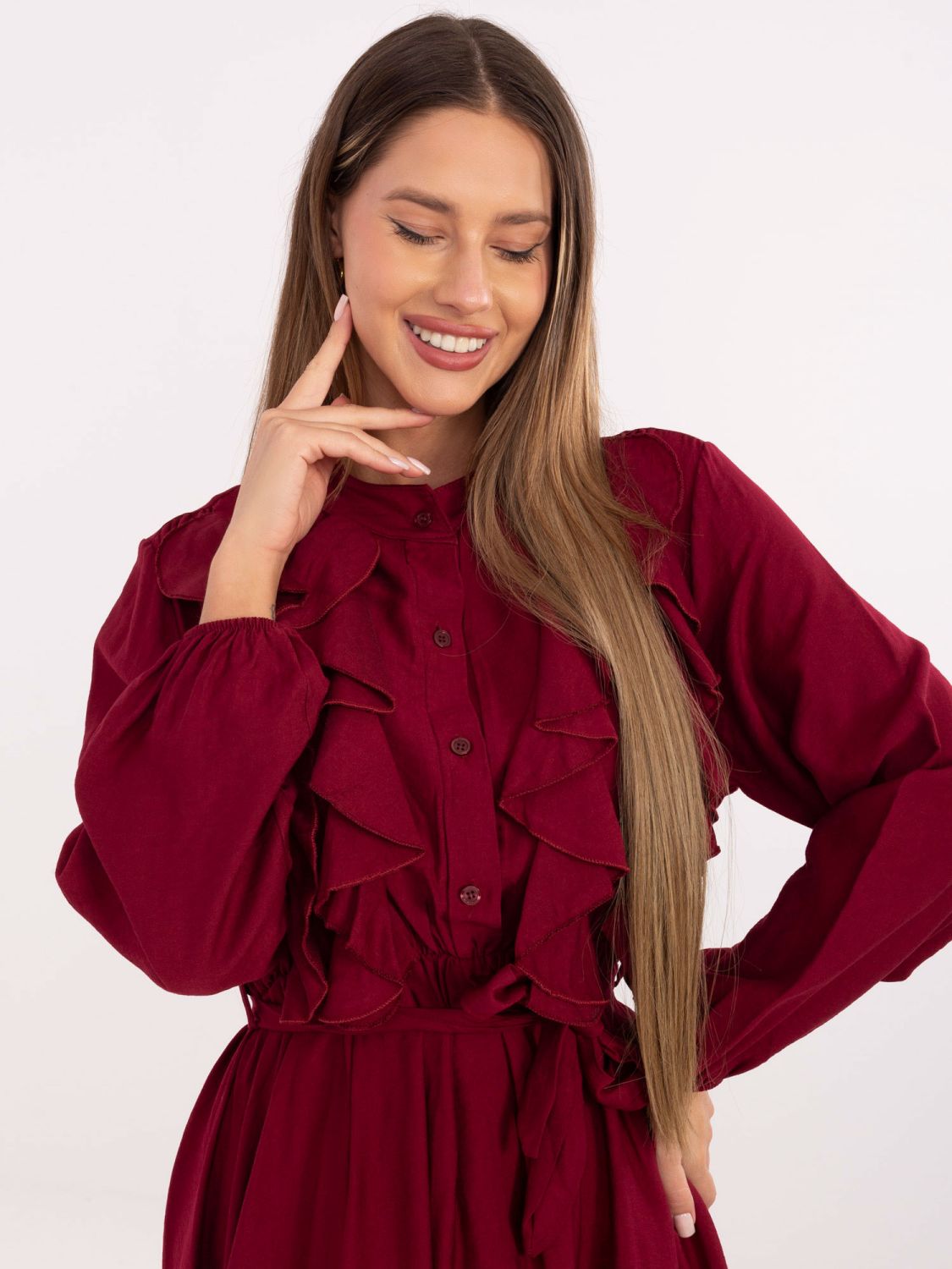 Burgundy midi dress with ruffle and belt